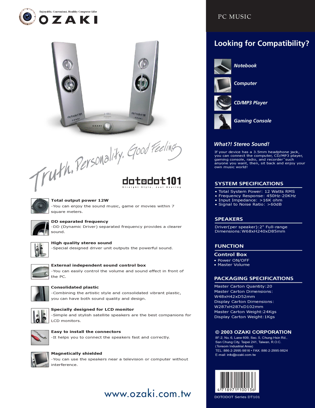 Ozaki Worldwide Dotadot101 manual System Specifications, Speakers, Function, Packaging Specifications, Ozaki Corporation 