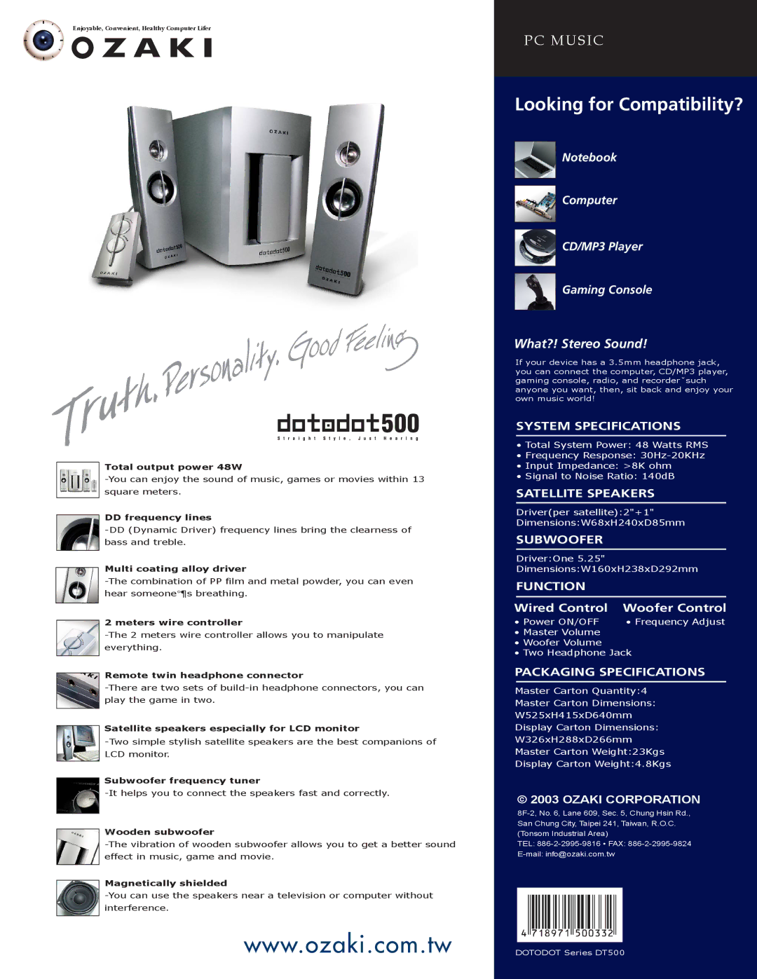 Ozaki Worldwide Dotadot500 manual System Specifications, Satellite Speakers, Subwoofer, Function, Packaging Specifications 