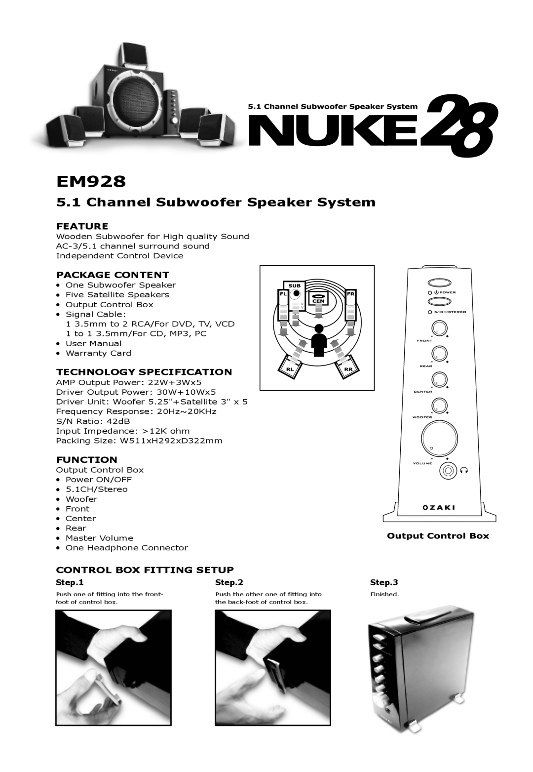 Ozaki Worldwide EM928 manual Channel Subwoofer Speaker System, Feature, Package Content, Technology Specification, Function 