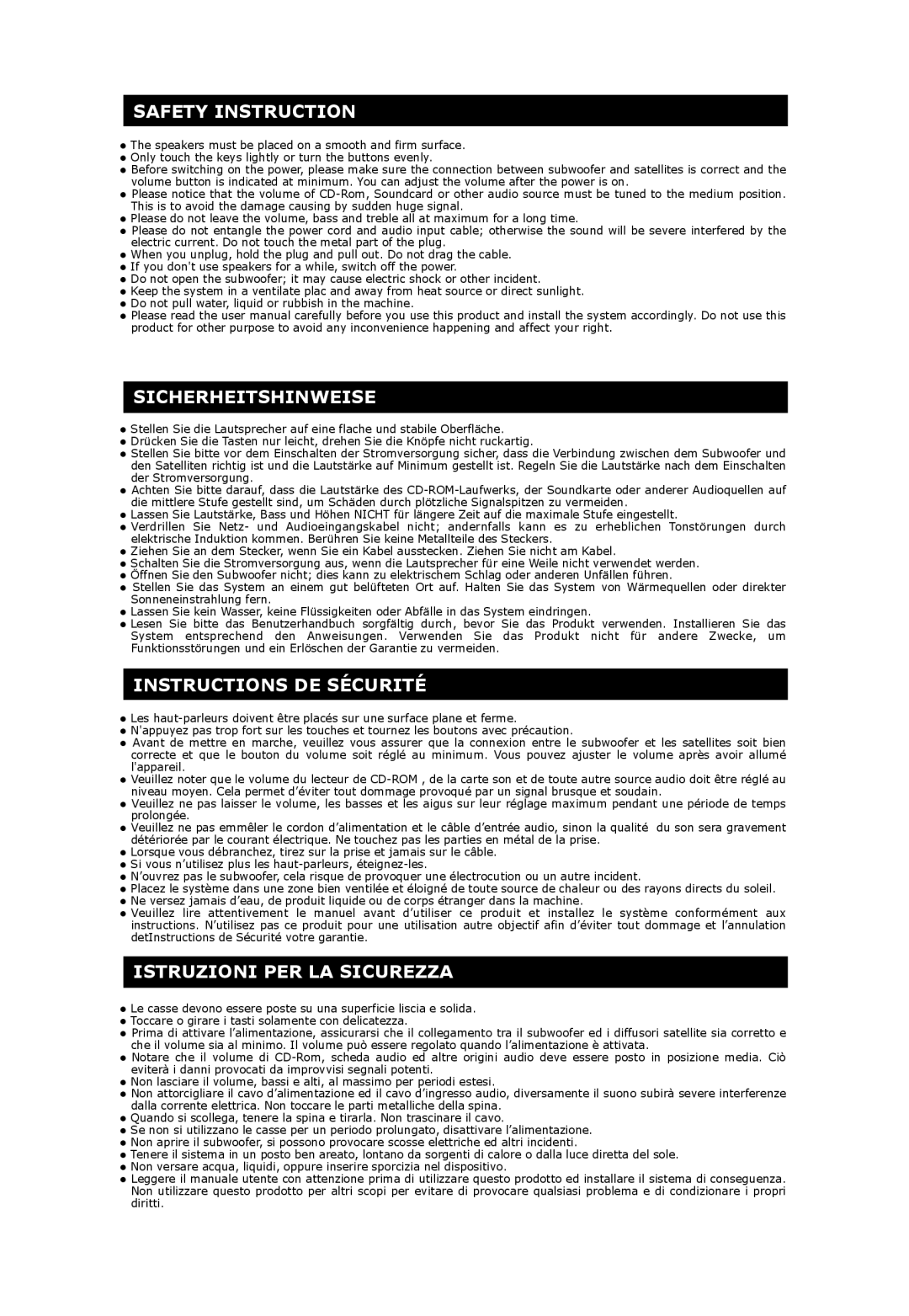Ozaki Worldwide EM928 manual Safety Instruction, Sicherheitshinweise, Instructions De Sécurité, Istruzioni Per La Sicurezza 