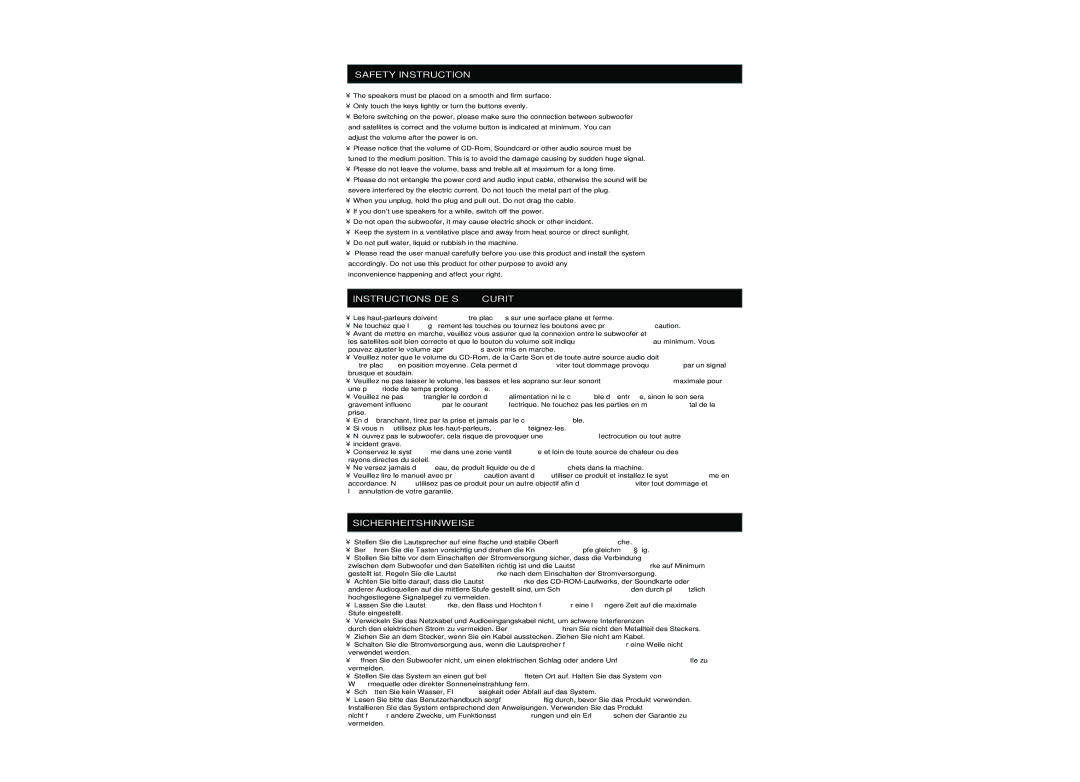 Ozaki Worldwide EM93626 manual Safety Instruction, Instructions DE Sécurité, Sicherheitshinweise 