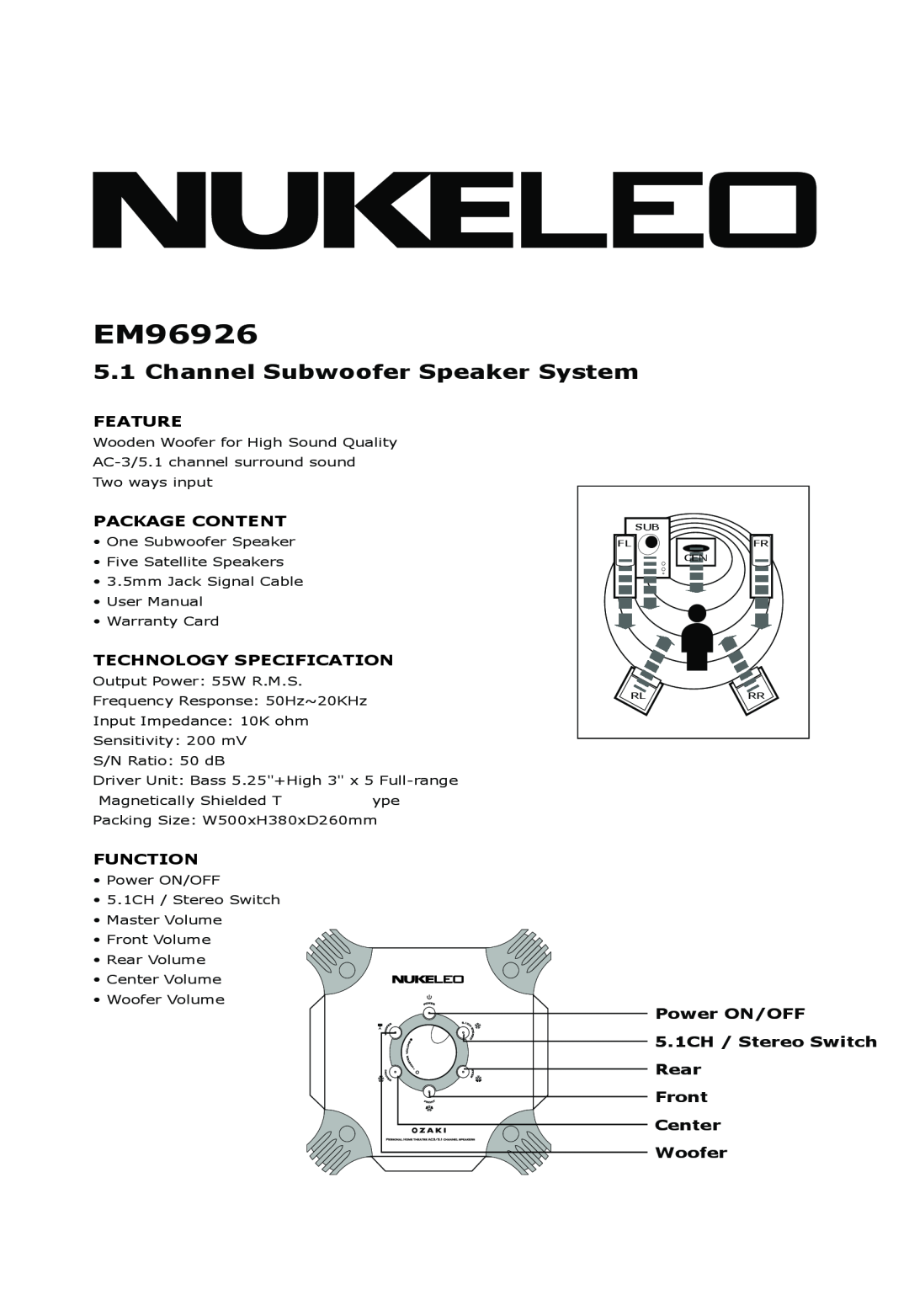 Ozaki Worldwide EM96926 manual Channel Subwoofer Speaker System 