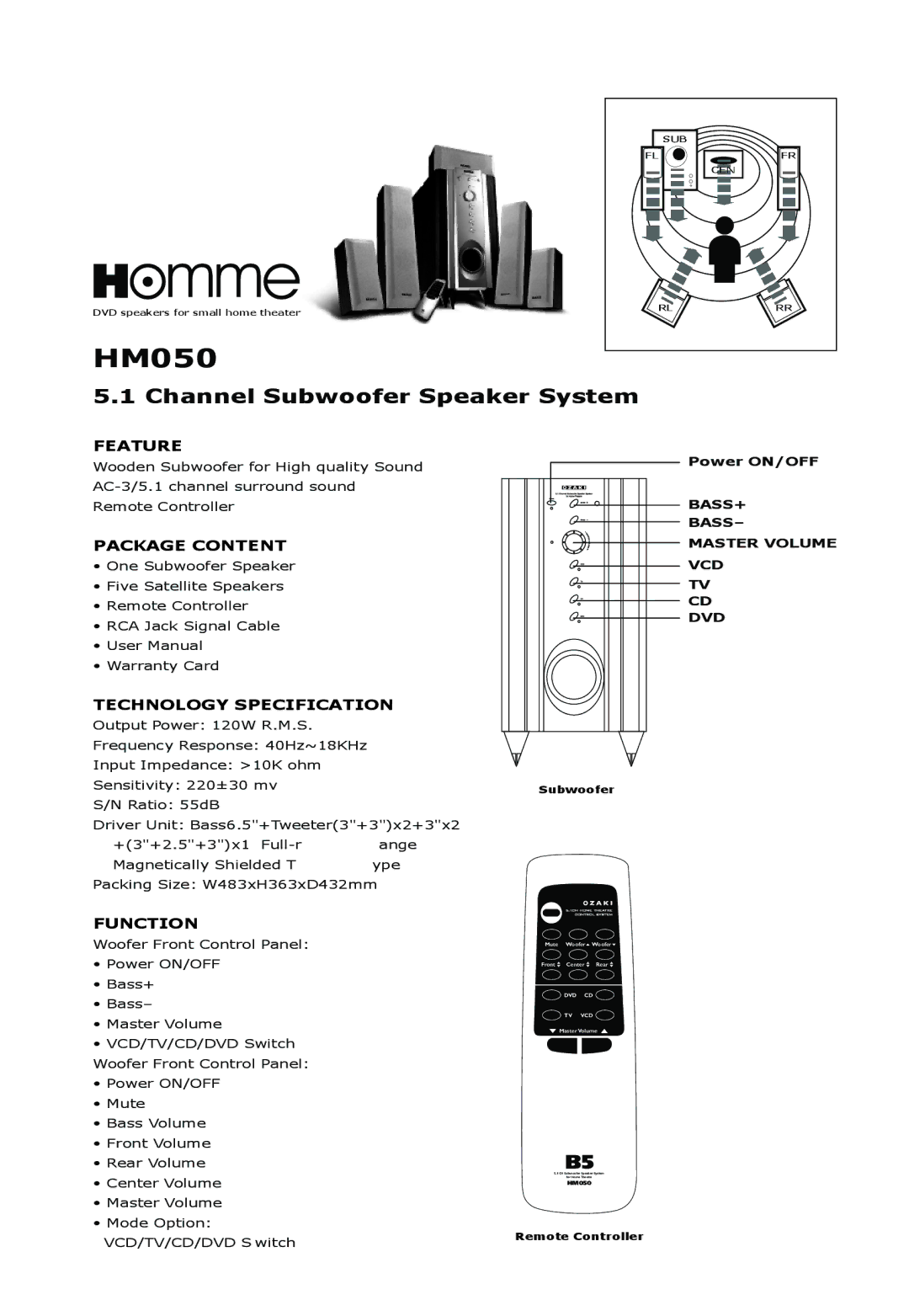 Ozaki Worldwide HM050 manual Channel Subwoofer Speaker System, Function 