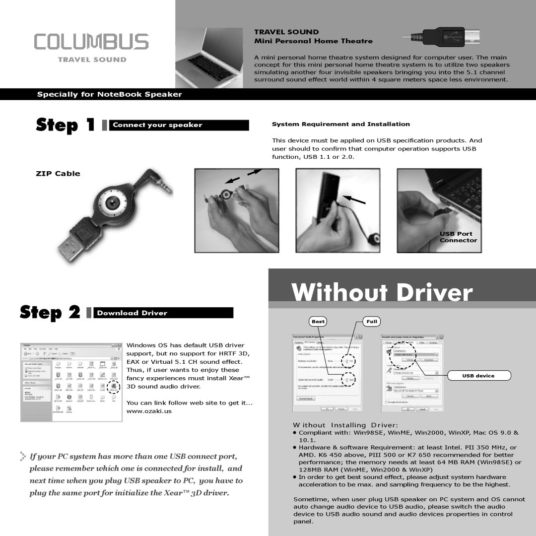 Ozaki Worldwide NB001 manual System Requirement and Installation, USB Port Connector 