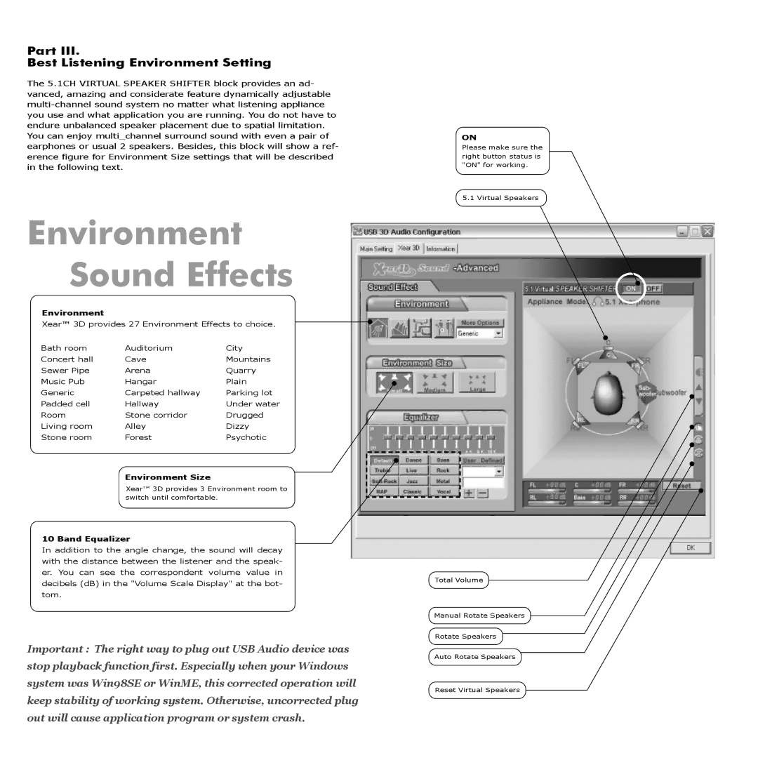 Ozaki Worldwide NB001 manual Environment Sound Effects, Part Best Listening Environment Setting 