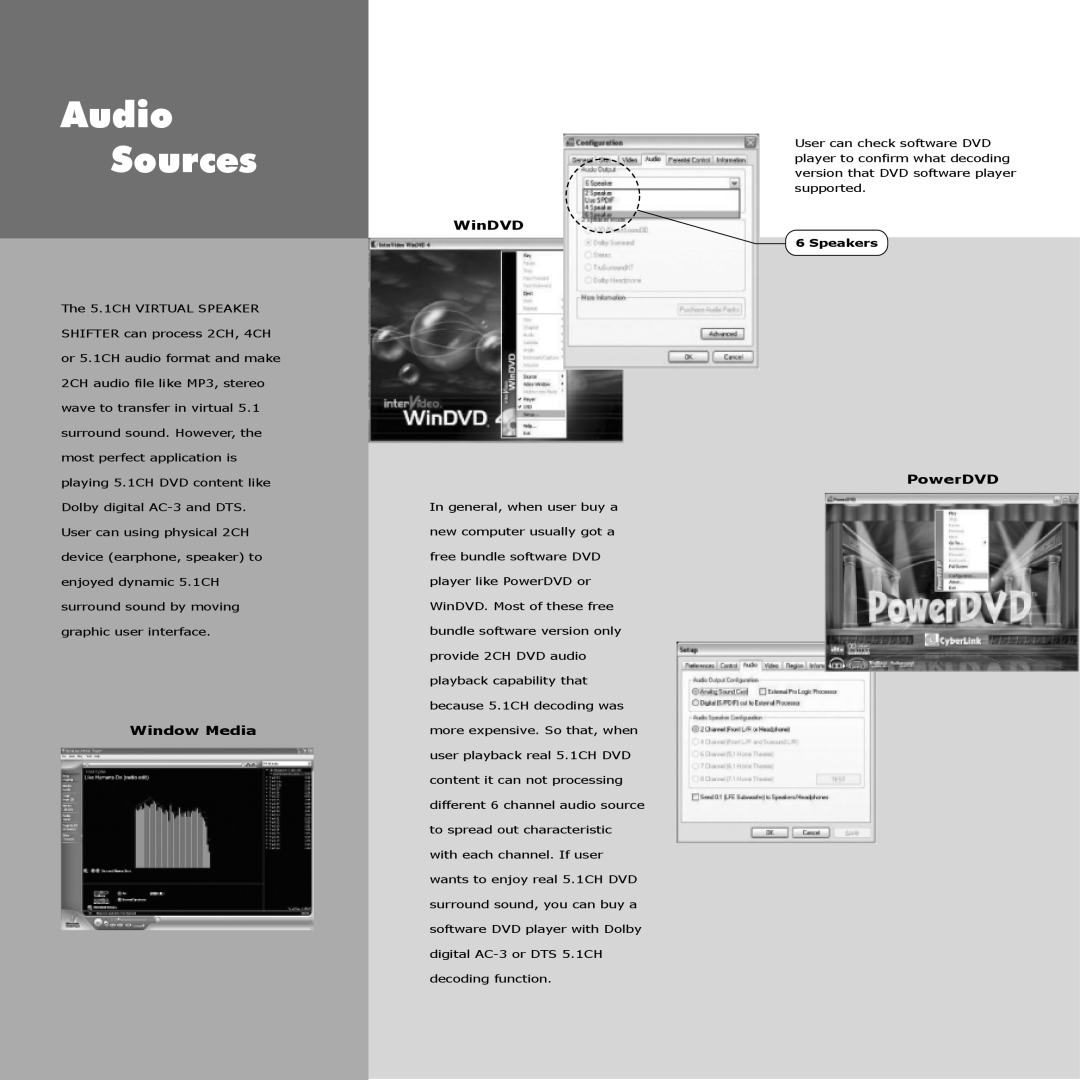 Ozaki Worldwide NB001 manual Audio Sources, Window Media, WinDVD, PowerDVD, Speakers 