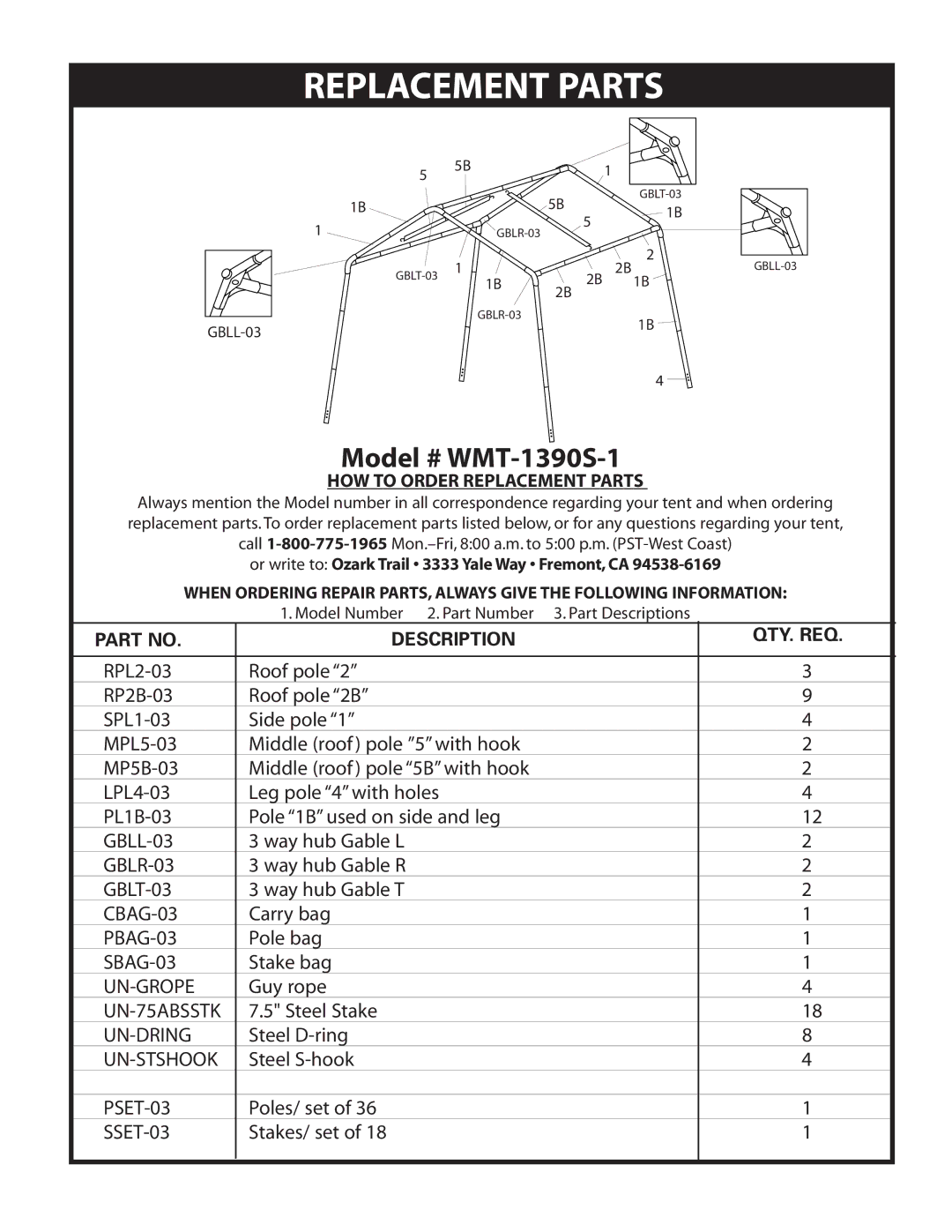 Ozark Trail WMT-1390S-1 owner manual HOW to Order Replacement Parts 