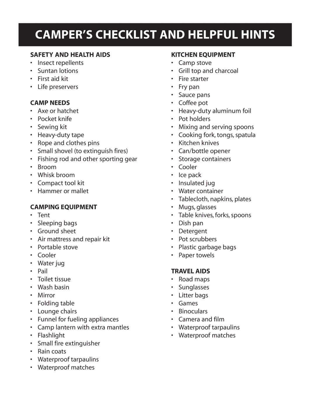 Ozark Trail WMT-1390S-1 owner manual CAMPER’S Checklist and Helpful Hints, Safety and Health Aids Kitchen Equipment 