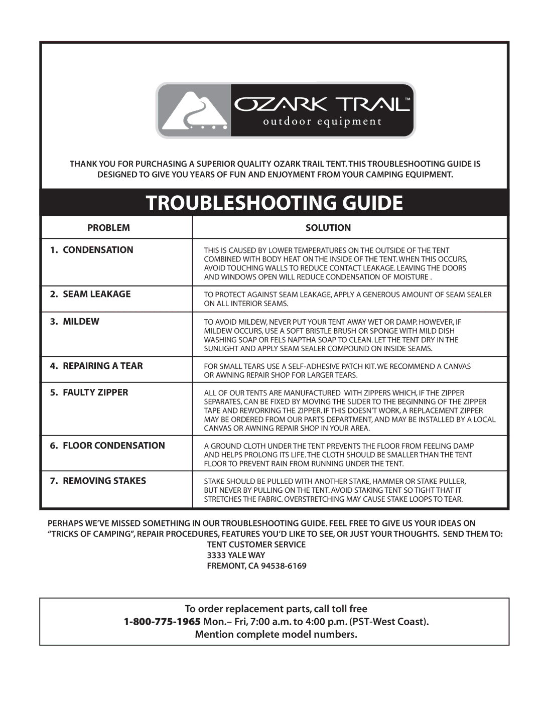 Ozark Trail WMT-1390S-1 owner manual Troubleshooting Guide, Problem Solution Condensation 