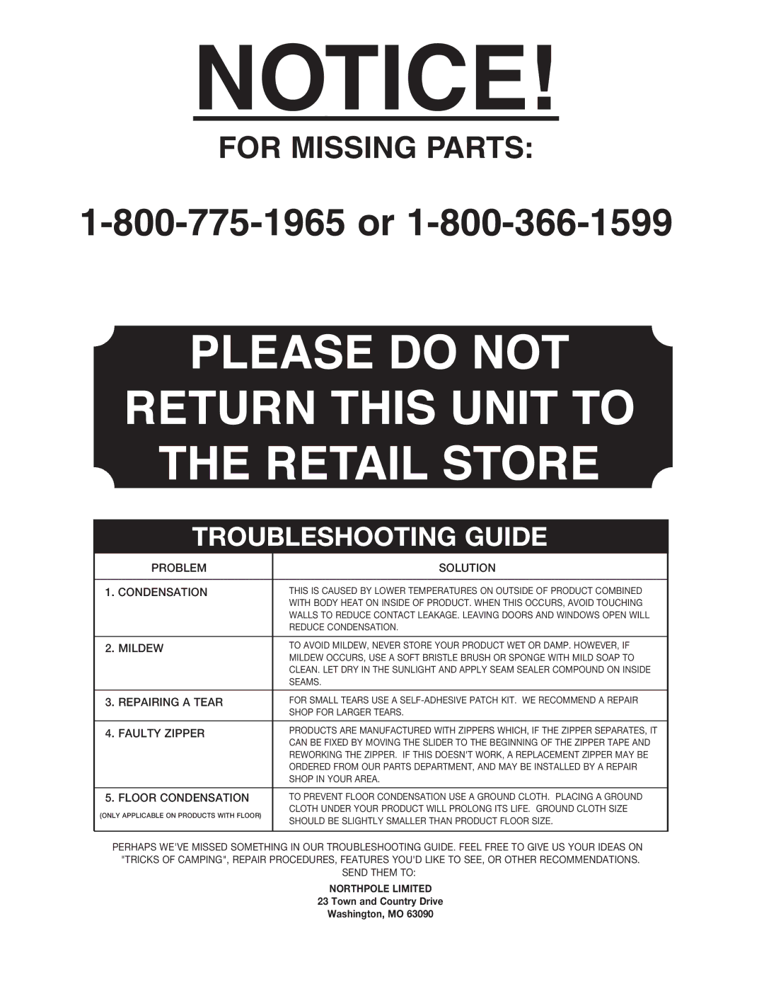 Ozark Trail WMT-1410 manual For Missing Parts 