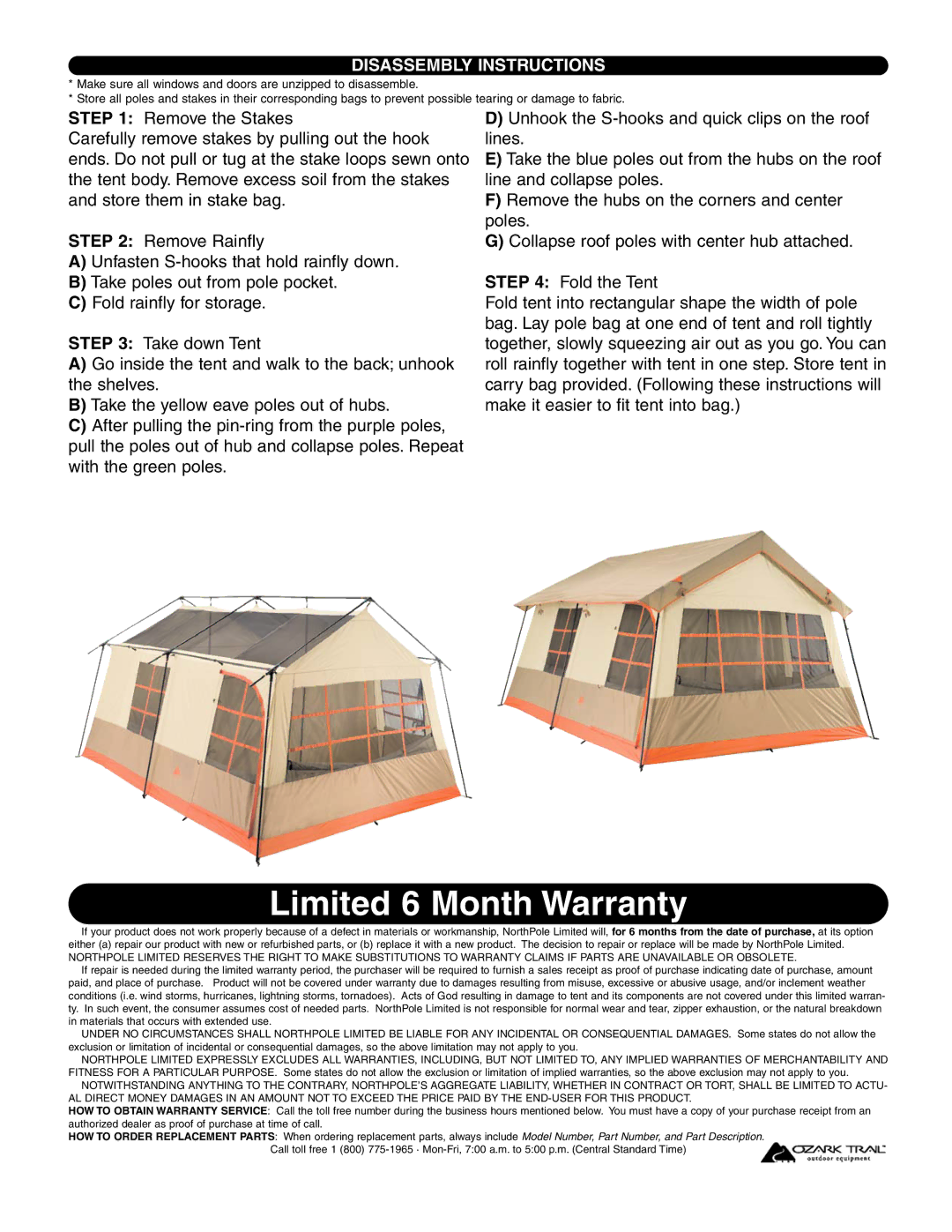 Ozark Trail WMT-1410 manual Limited 6 Month Warranty, Disassembly Instructions 