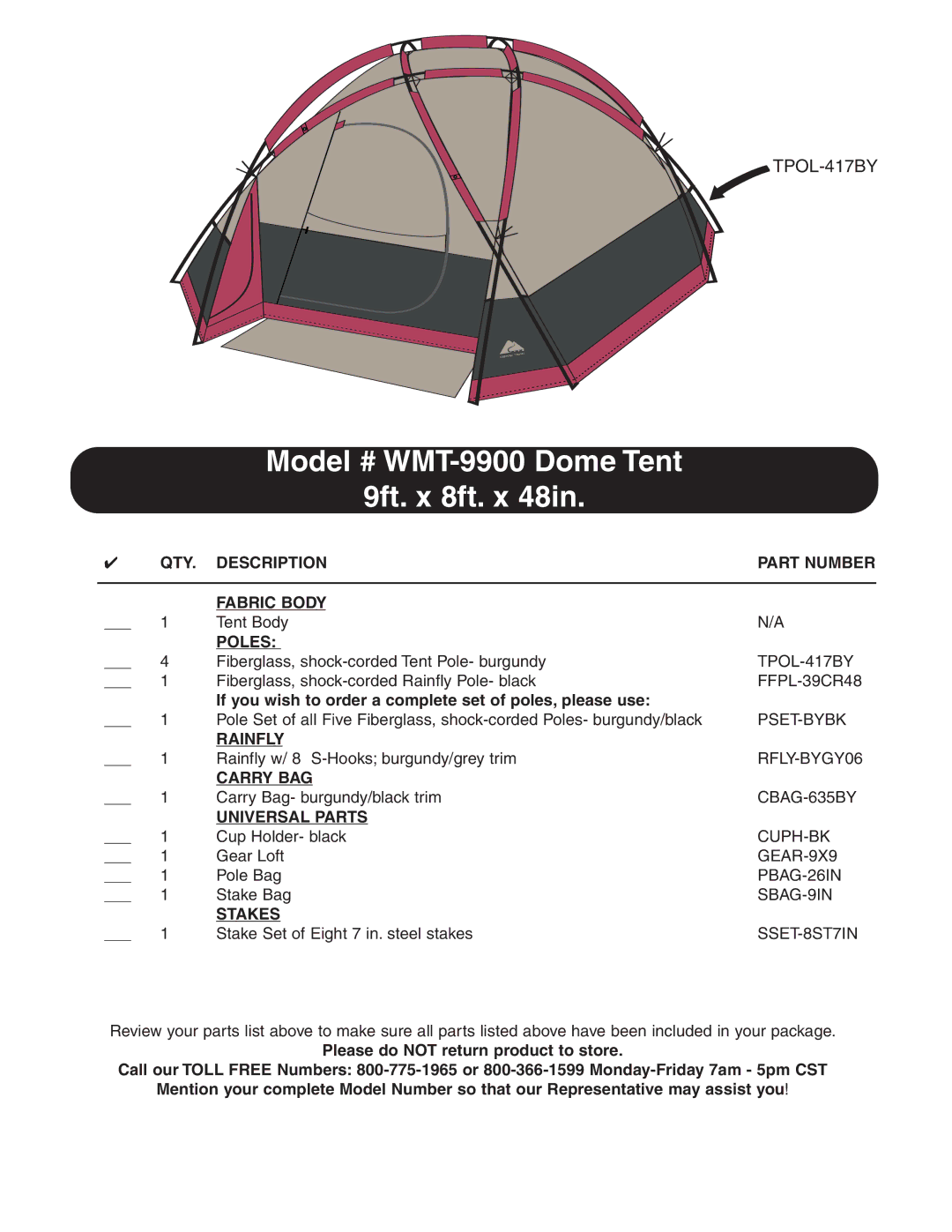 Ozark Trail manual Model # WMT-9900 Dome Tent 9ft. x 8ft. x 48in 