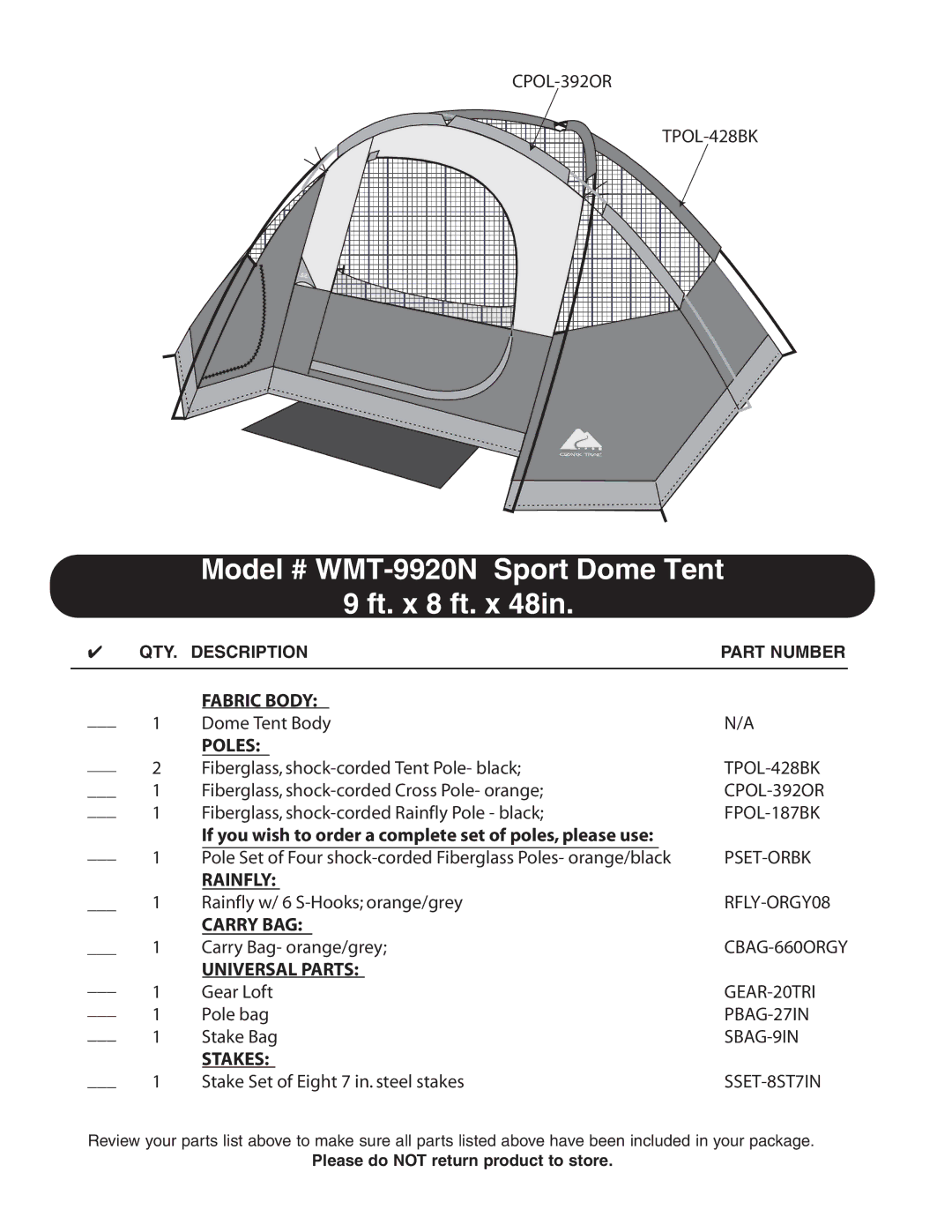 Ozark Trail manual Model # WMT-9920N Sport Dome Tent 9 ft. x 8 ft. x 48in, CBAG-660ORGY 