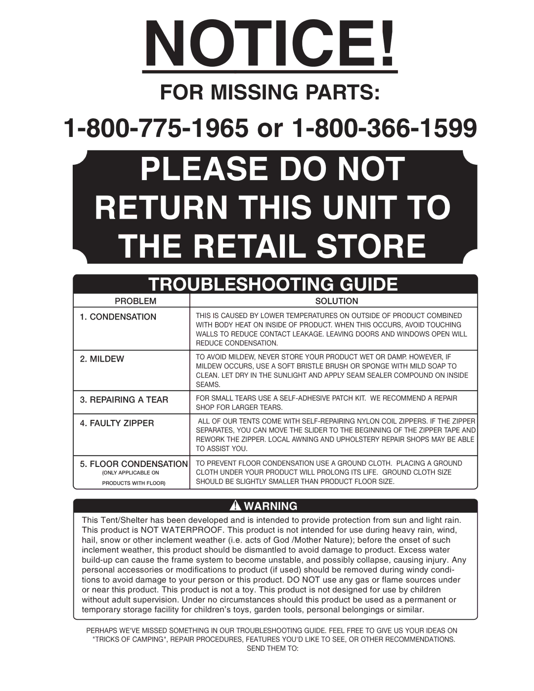 Ozark Trail WMT-9920N manual Problem Solution Condensation, Mildew, Repairing a Tear, Faulty Zipper, Floor Condensation 