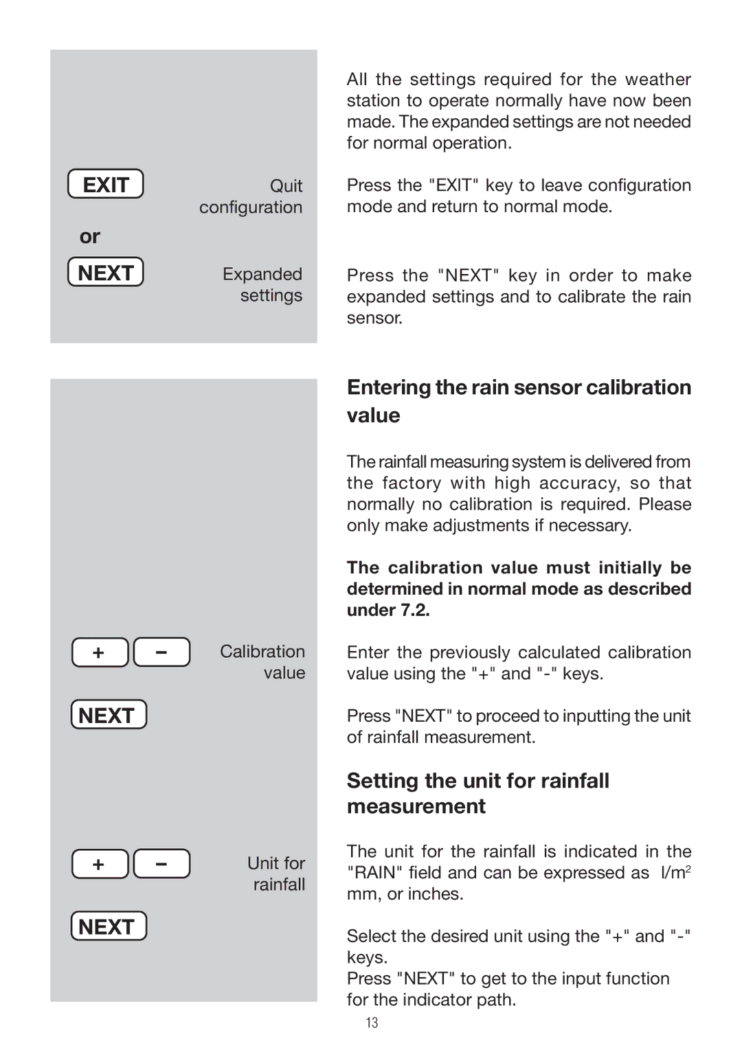 P3 International E 9300 EXITQuit, Entering the rain sensor calibration value, Setting the unit for rainfall measurement 