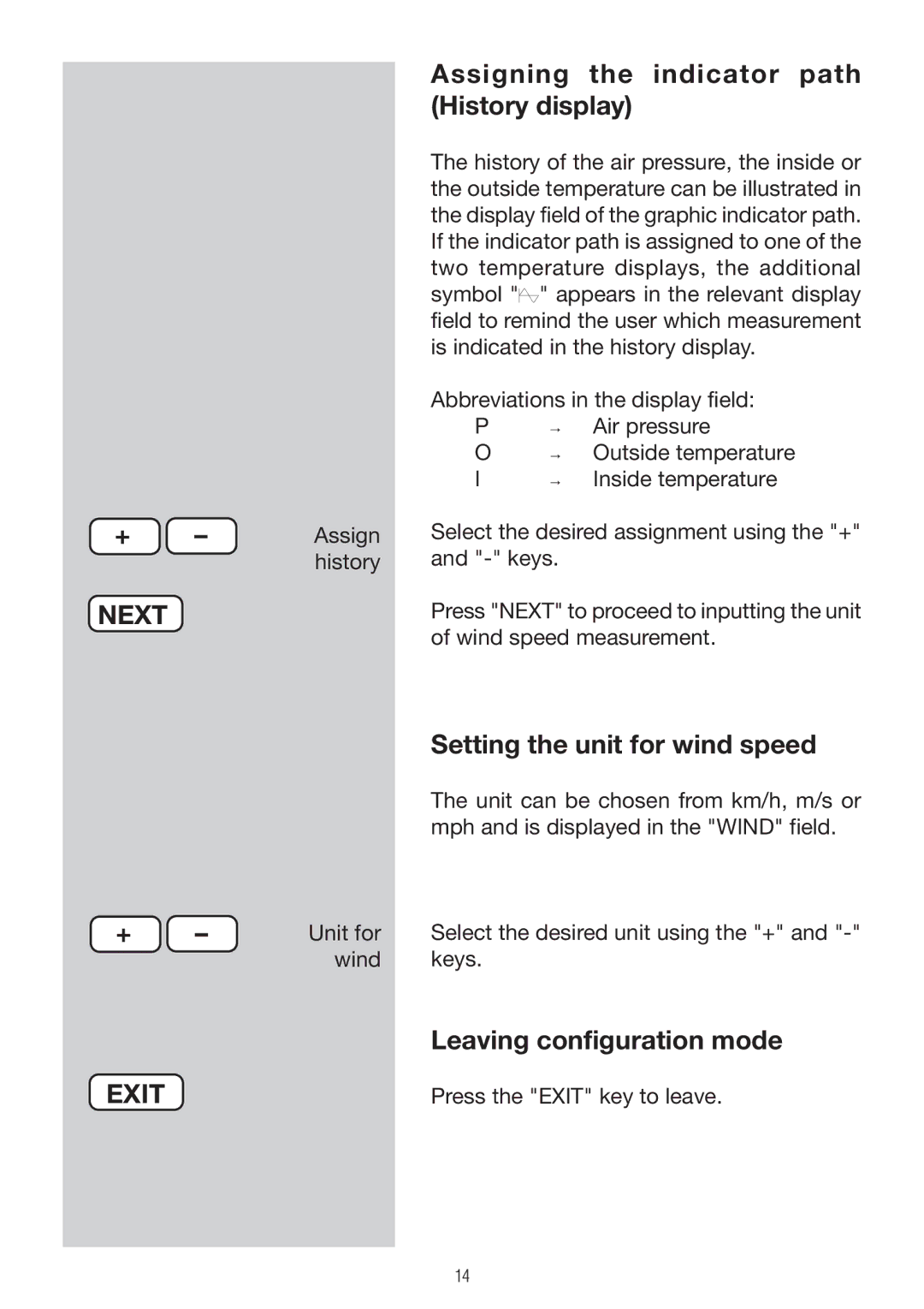 P3 International E 9300 Assigning the indicator path History display, Setting the unit for wind speed 