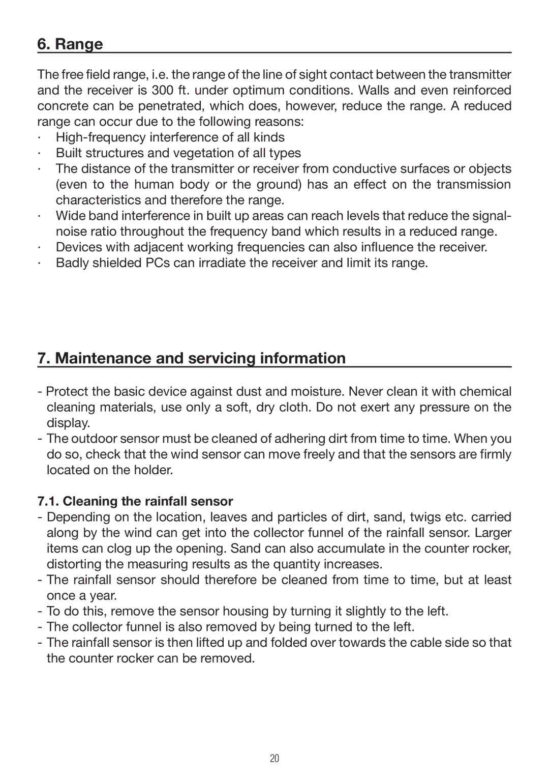 P3 International E 9300 operating instructions Range, Maintenance and servicing information, Cleaning the rainfall sensor 