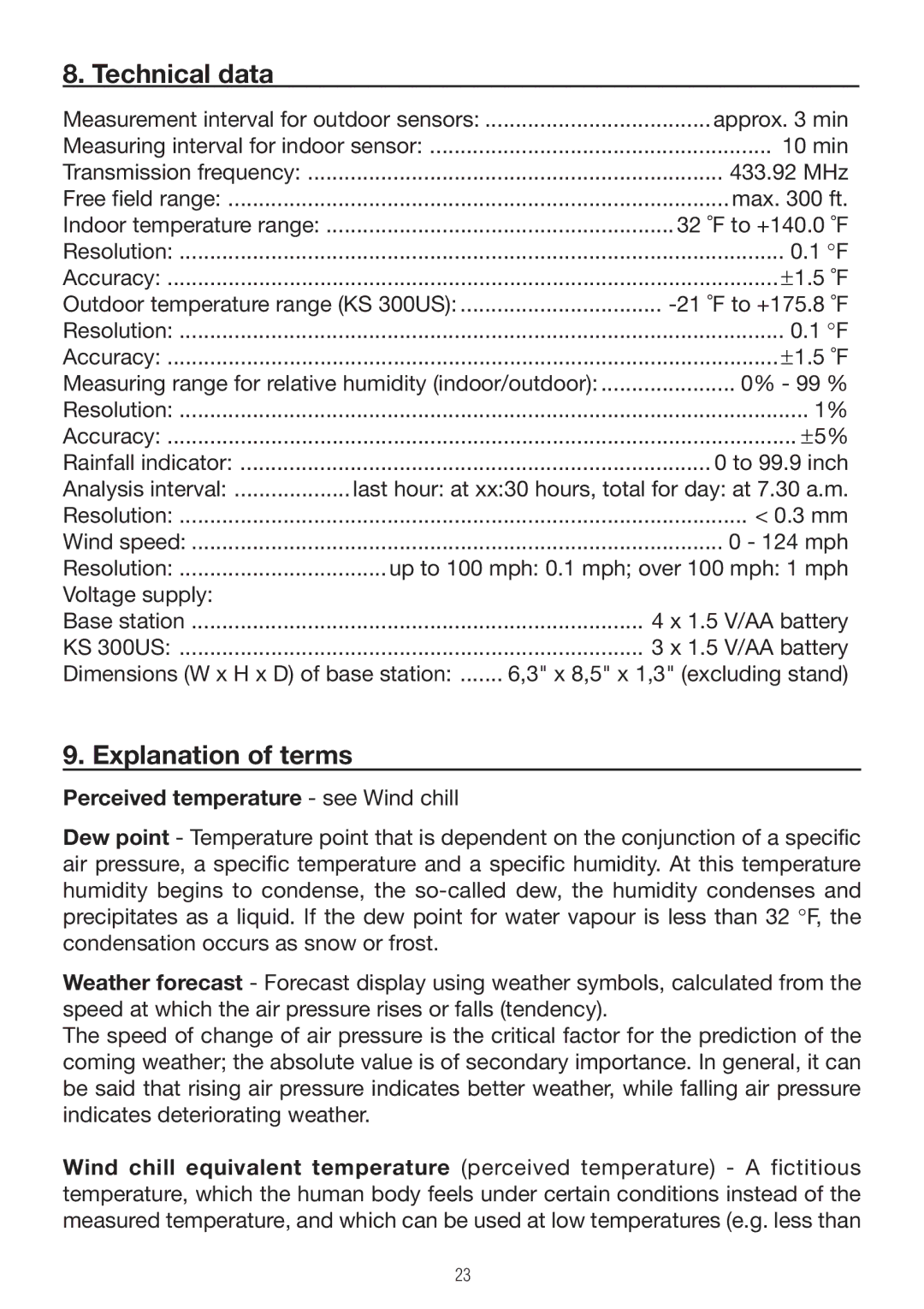 P3 International E 9300 operating instructions Technical data, Explanation of terms, Perceived temperature see Wind chill 