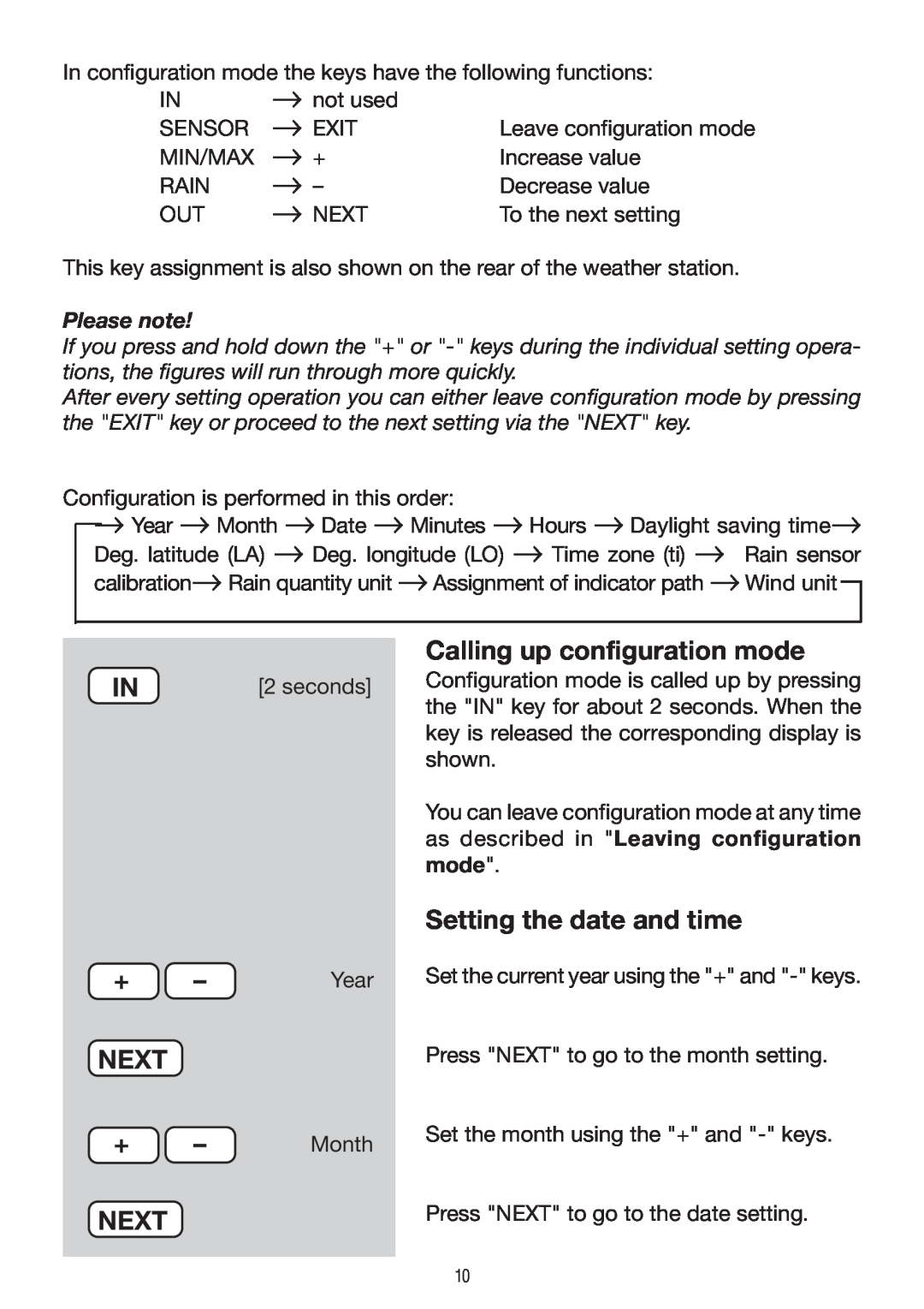 P3 International E 9300 operating instructions Calling up configuration mode, Setting the date and time, Next, Please note 