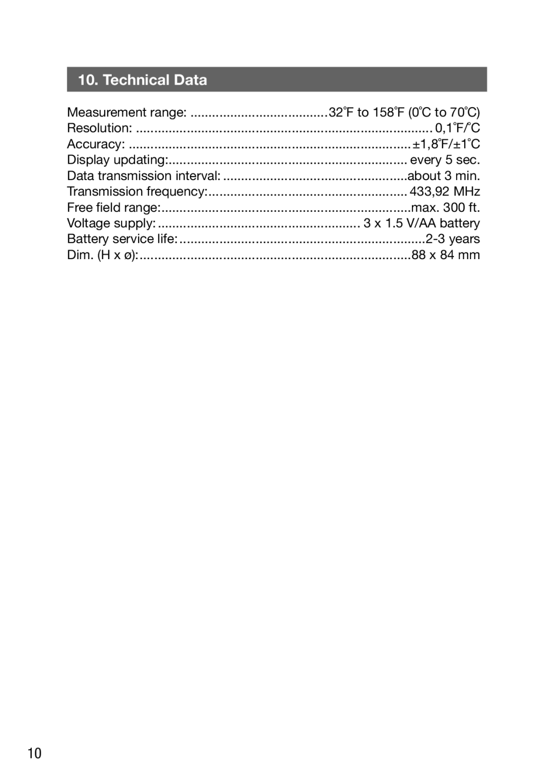 P3 International E9310 manual Technical Data 