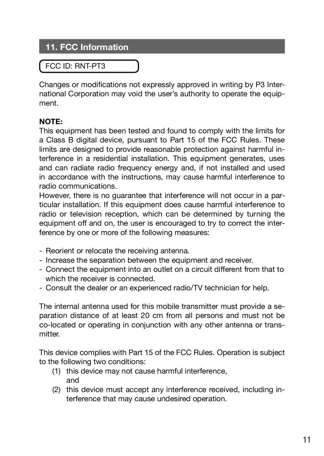 P3 International E9310 manual FCC Information, FCC ID RNT-PT3 