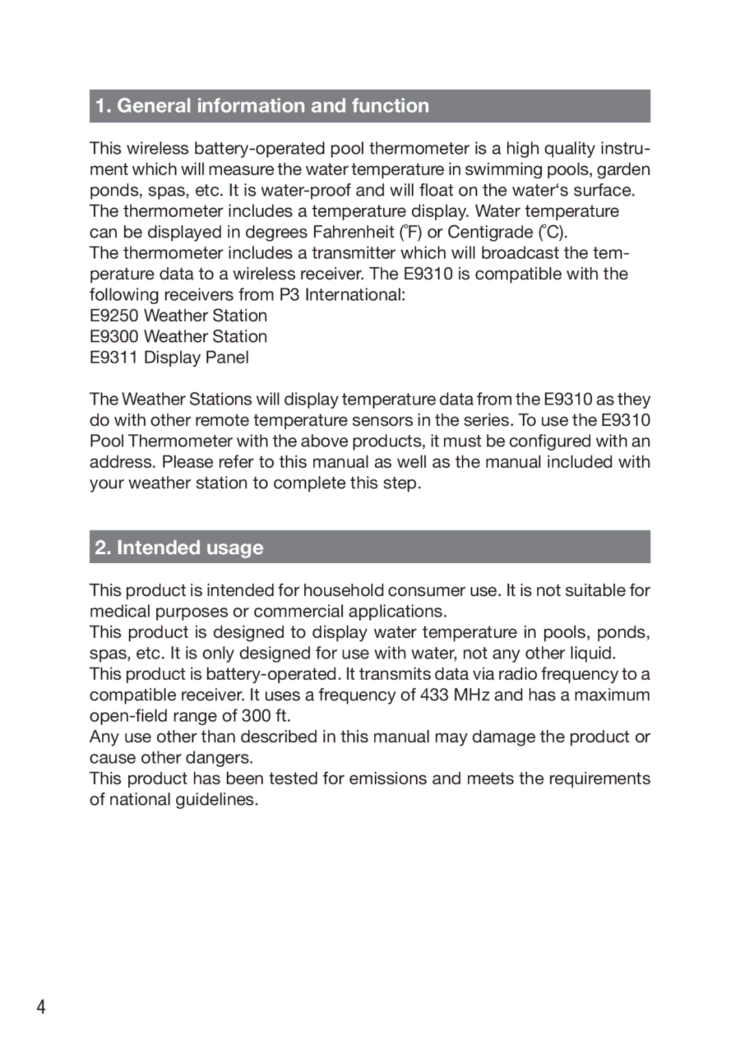 P3 International E9310 manual General information and function, Intended usage 