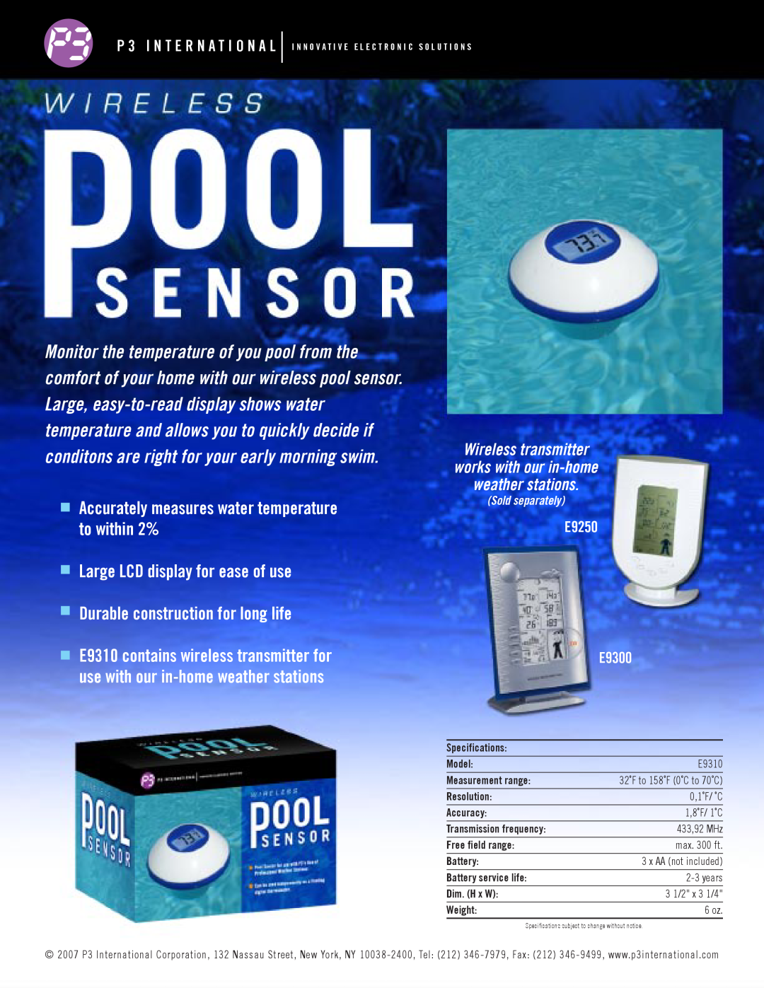 P3 International manual Wireless Pool Thermometer E9310, Operating Manual 