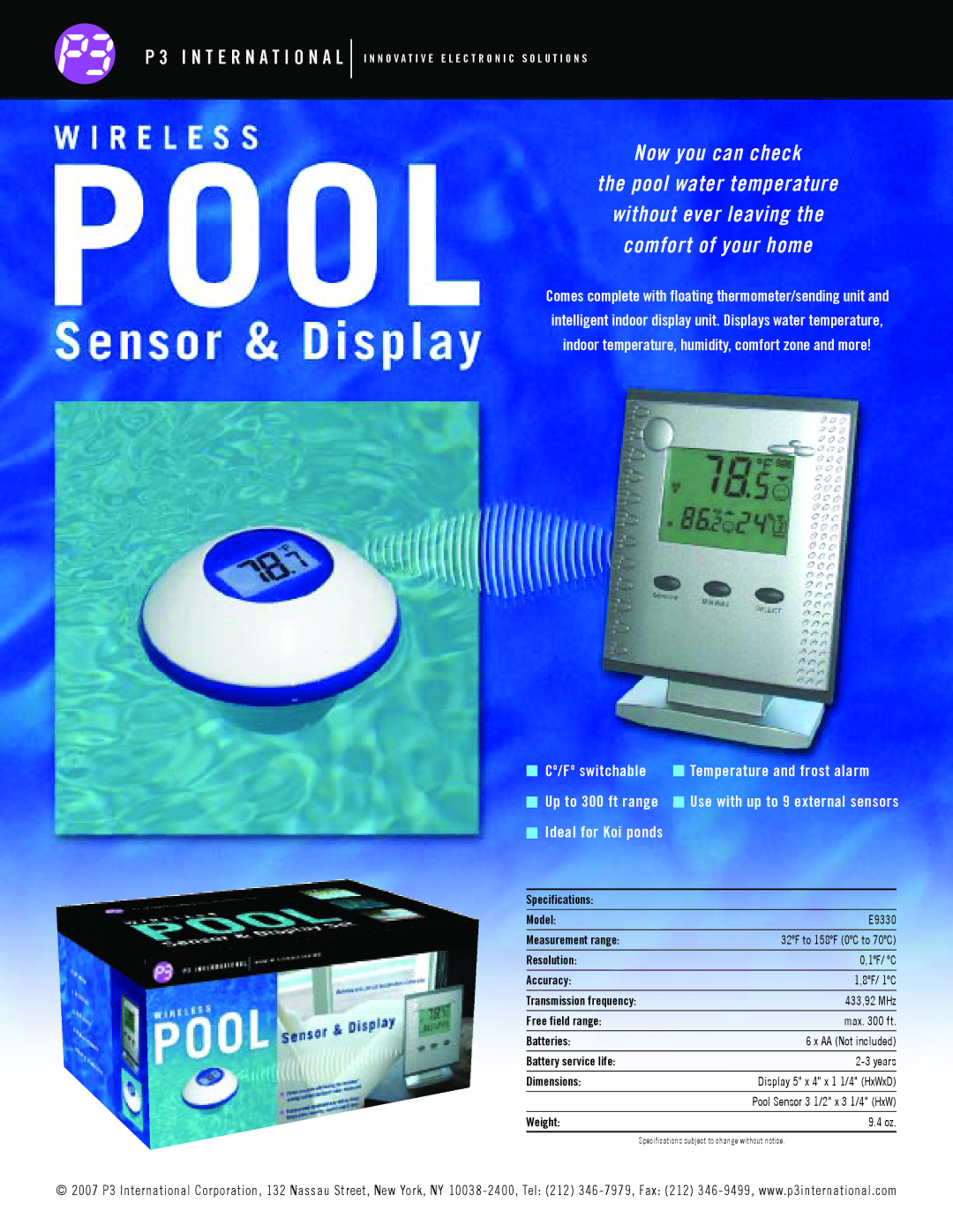 P3 International E9330 specifications N T E R N a T I O N a L, Cº/Fº switchable, Temperature and frost alarm 