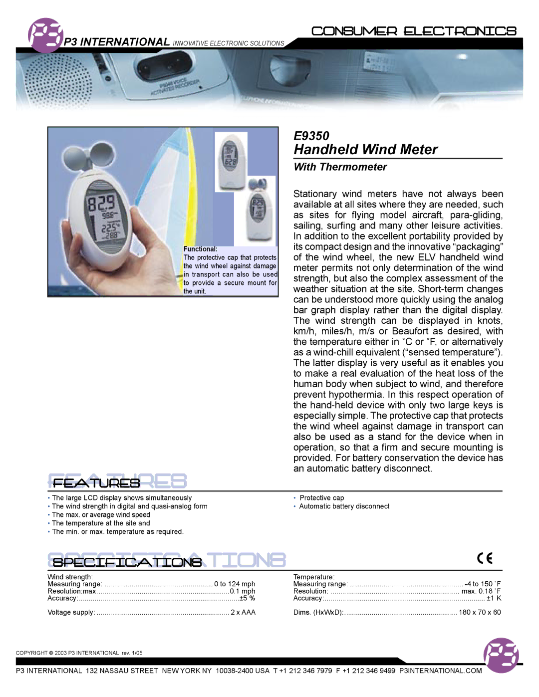 P3 International E9350 specifications Features, Specifications, Handheld Wind Meter, With Thermometer, Functional 