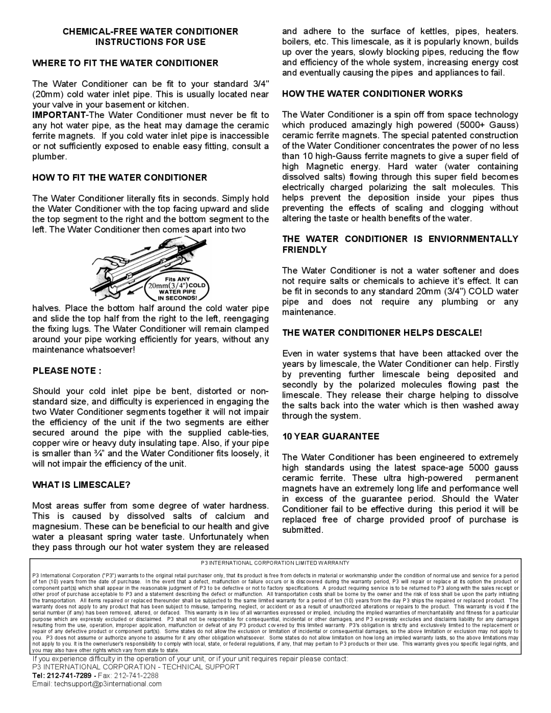 P3 International NONE warranty HOW to FIT the Water Conditioner, Please Note, What is LIMESCALE?, Year Guarantee 