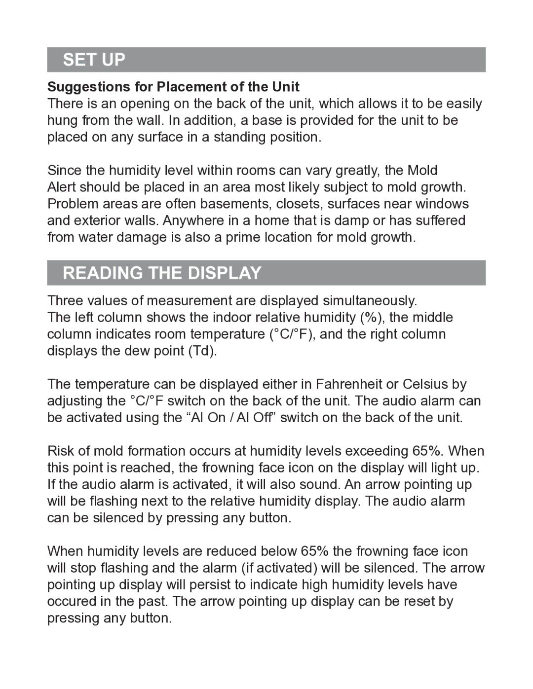 P3 International P0270 operation manual Set up, Reading the display, Suggestions for Placement of the Unit 