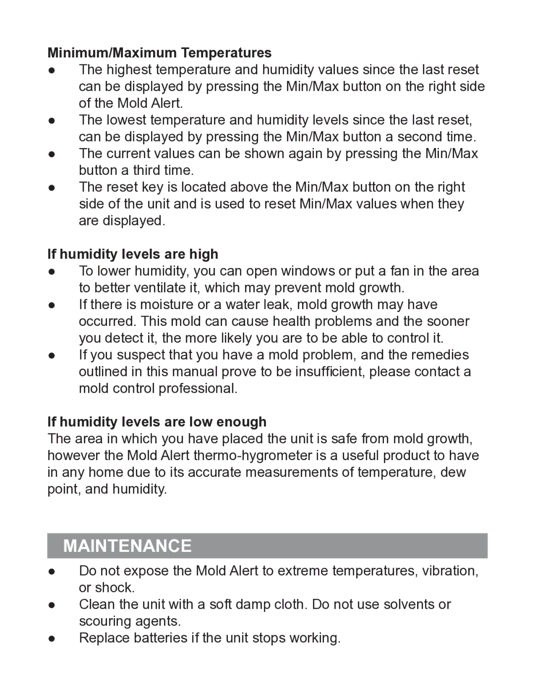 P3 International P0270 operation manual Maintenance, Minimum/Maximum Temperatures, If humidity levels are high 