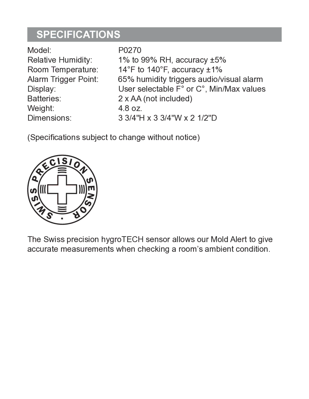 P3 International P0270 operation manual Specifications 