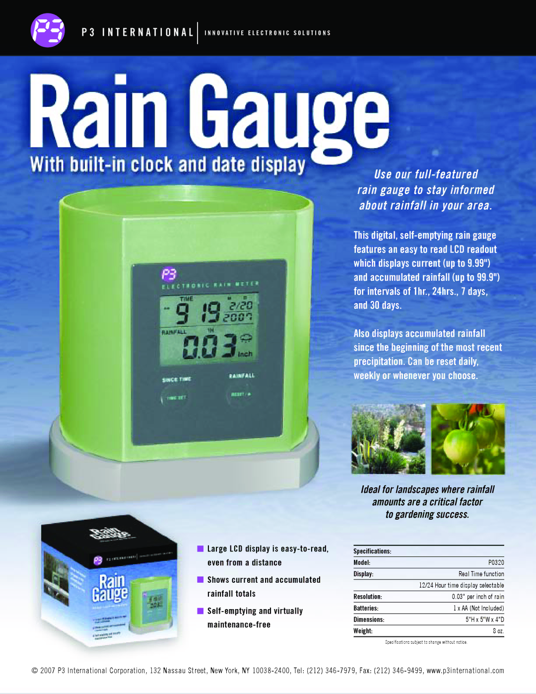 P3 International P0320 specifications Use our full-featured, Rain gauge to stay informed about rainfall in your area 