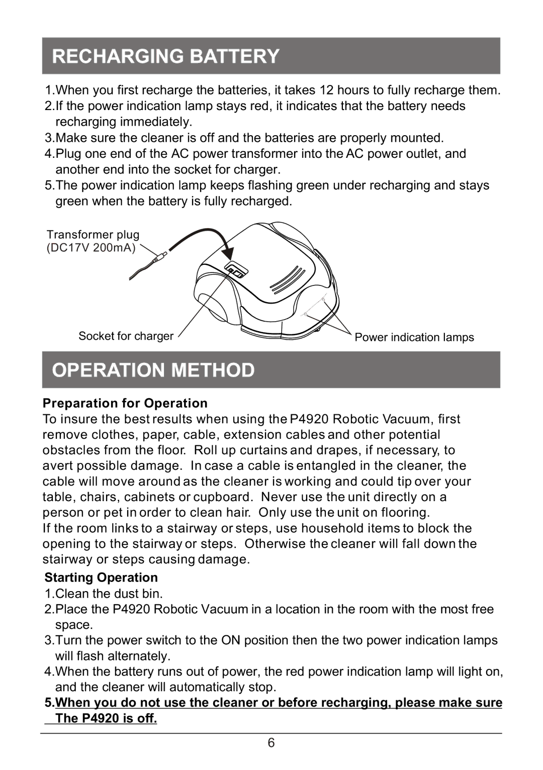 P3 International P4920 operation manual Recharging Battery, Operation Method, Preparation for Operation, Starting Operation 