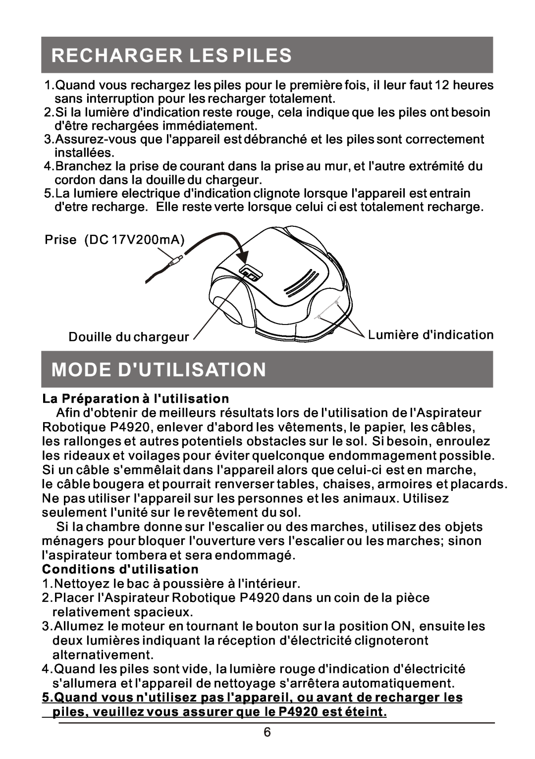 P3 International P4920 Recharger Les Piles, Mode Dutilisation, La Préparation à lutilisation, Conditions dutilisation 