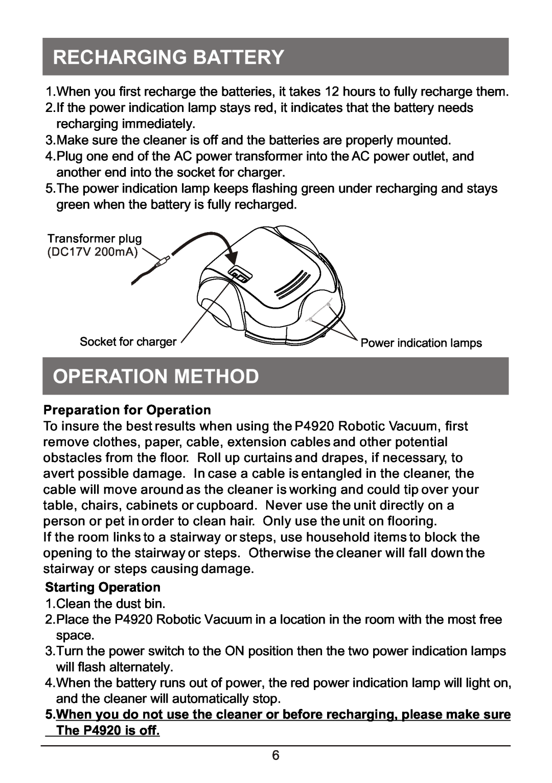P3 International P4920 operation manual Recharging Battery, Operation Method, Preparation for Operation, Starting Operation 