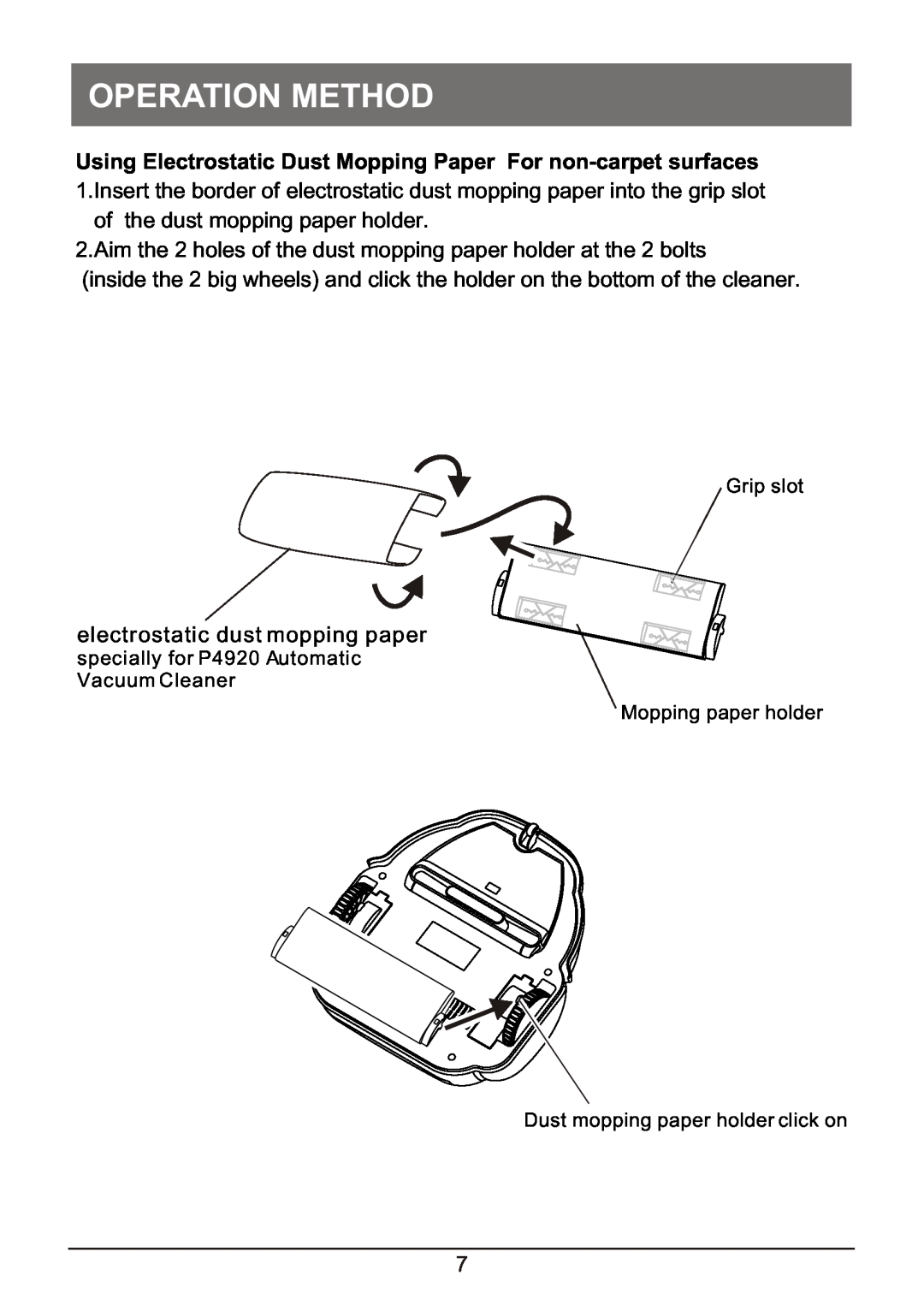 P3 International P4920 operation manual Operation Method, electrostatic dust mopping paper 