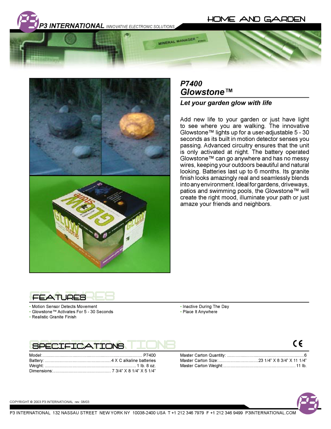 P3 International P7400 specifications Features, Specifications, Glowstone, Let your garden glow with life 