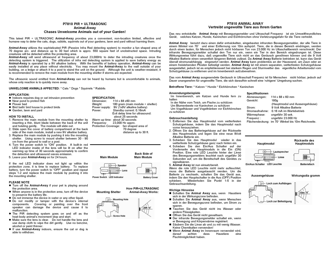 P3 International manual P7810 PIR + Ultrasonic, Animal-Away Chases Unwelcome Animals out of your Garden 