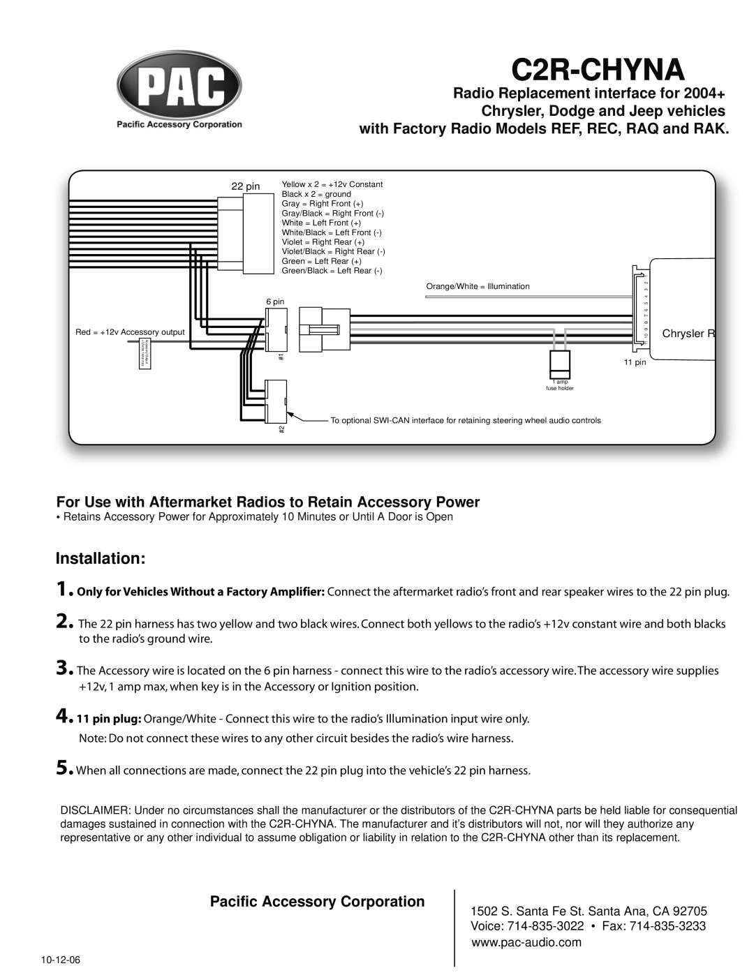 PAC C2R-CHYNA manual Installation, 22 pin, Chrysler R, 10-12-06 