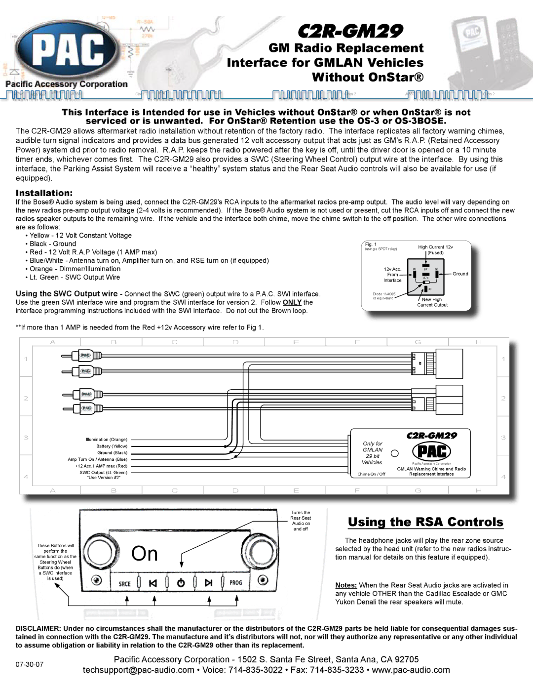 PAC C2R-GM29 instruction manual Using the RSA Controls, Installation, Gmlan 