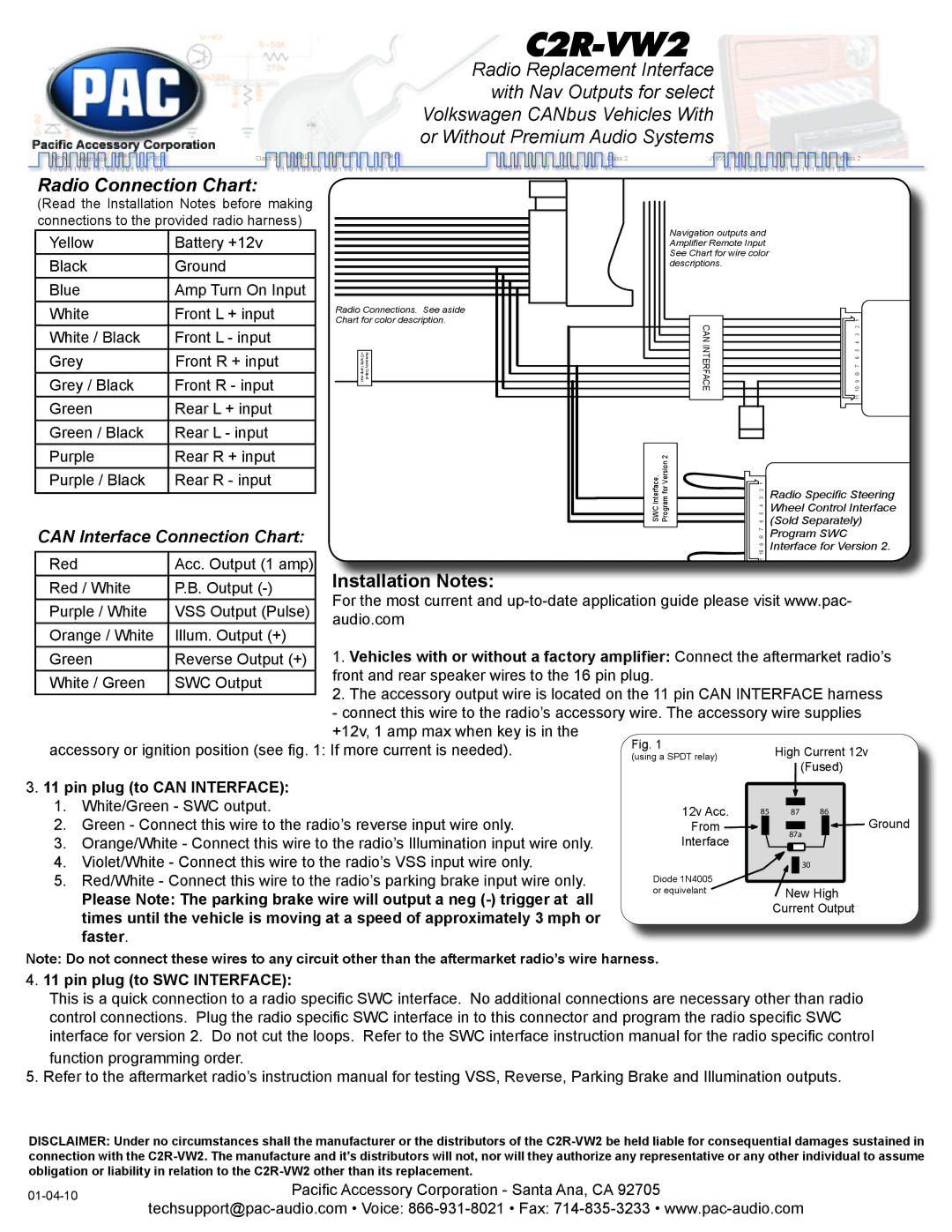 PAC C2R-VW2 instruction manual Radio Connection Chart, Installation Notes, Pin plug to can Interface 