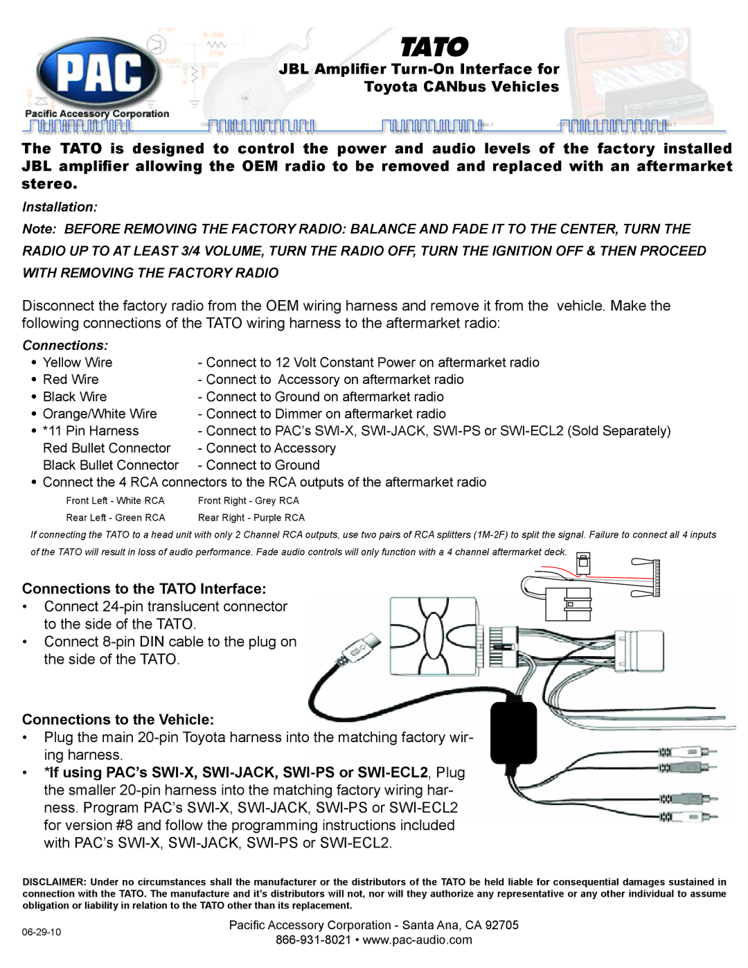 PAC Car Amplifier manual JBL Amplifier Turn-On Interface for Toyota CANbus Vehicles, Connections to the Tato Interface 