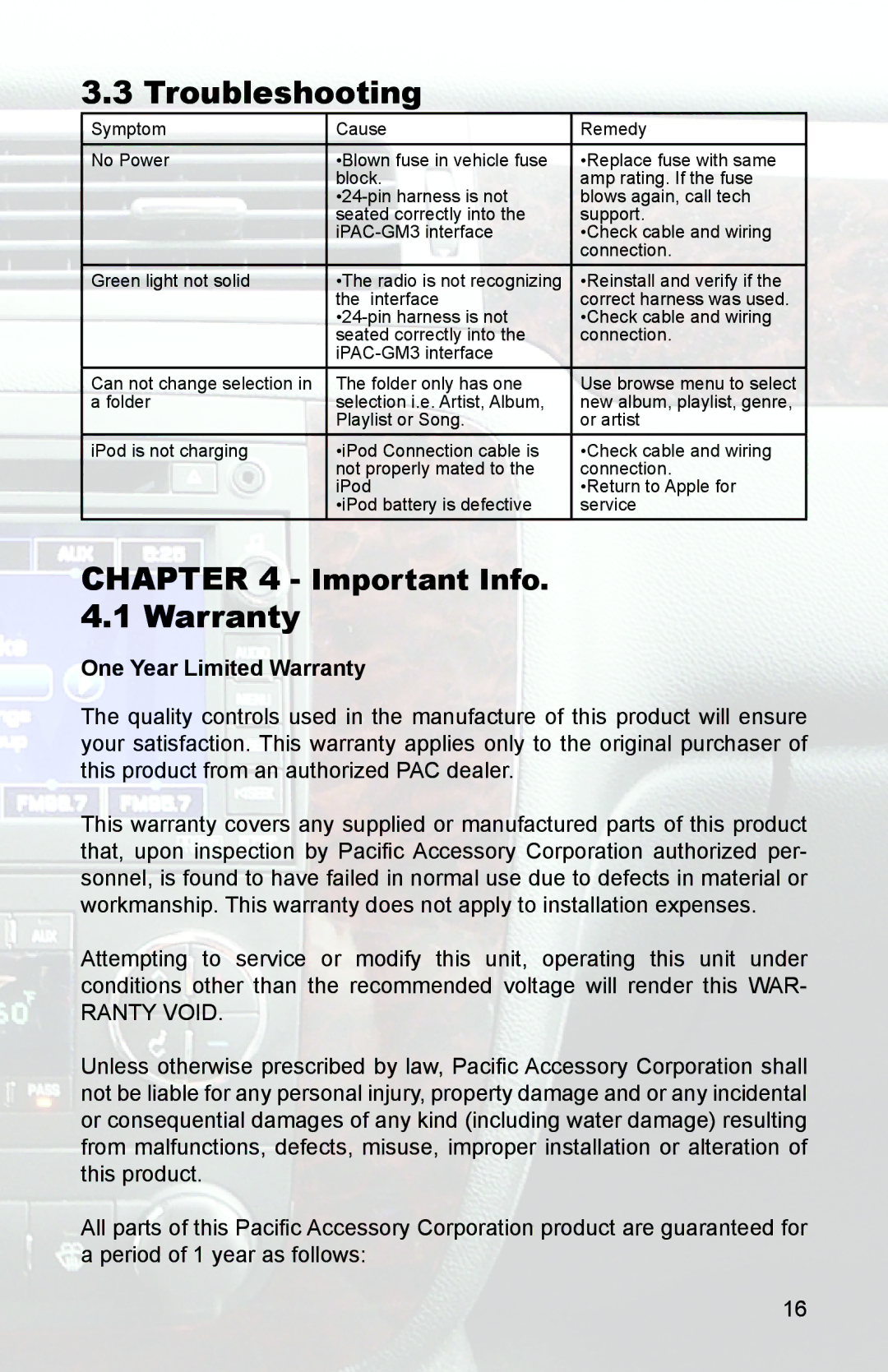 PAC GM3 instruction manual Troubleshooting, One Year Limited Warranty 