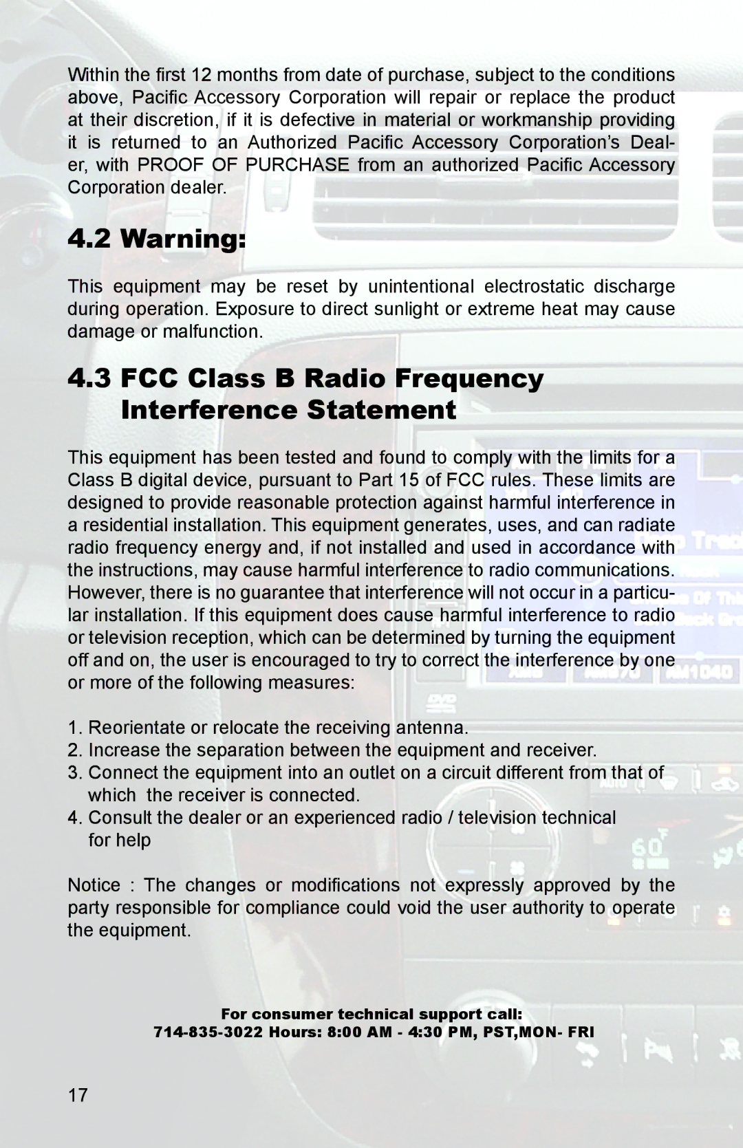 PAC GM3 instruction manual FCC Class B Radio Frequency Interference Statement 