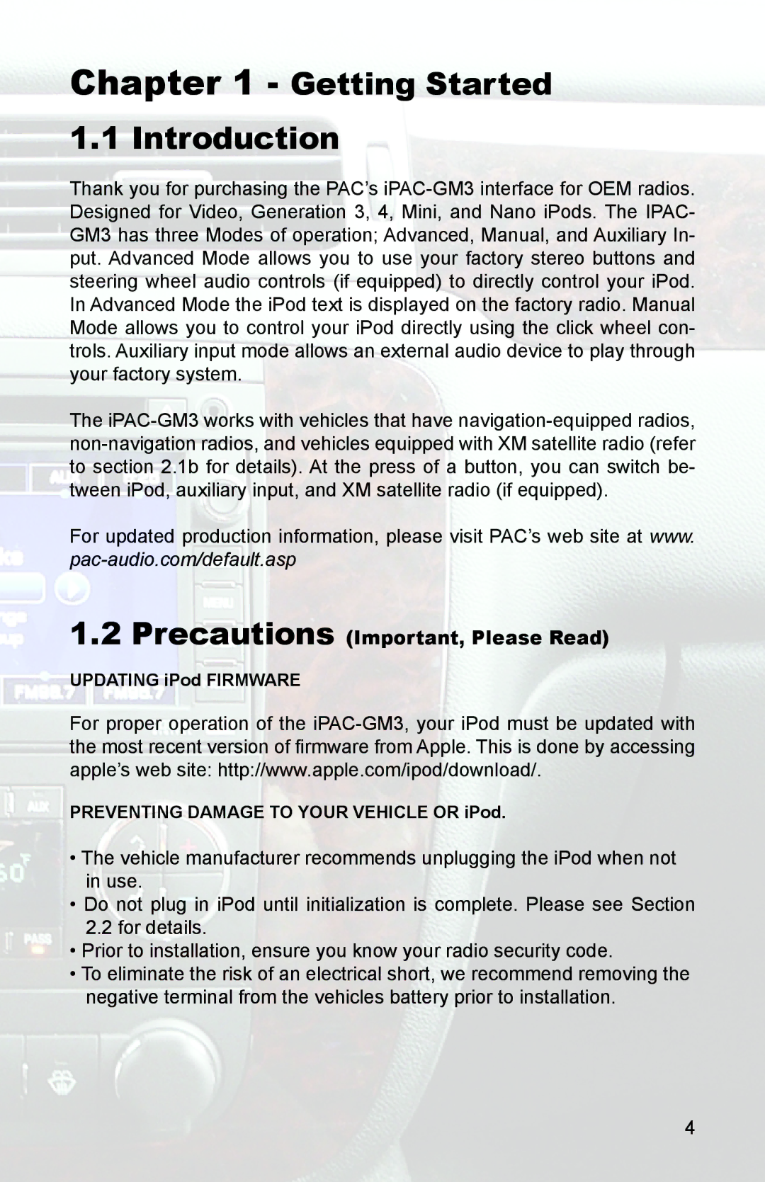 PAC GM3 instruction manual Getting Started 1.1 Introduction, Precautions Important, Please Read 