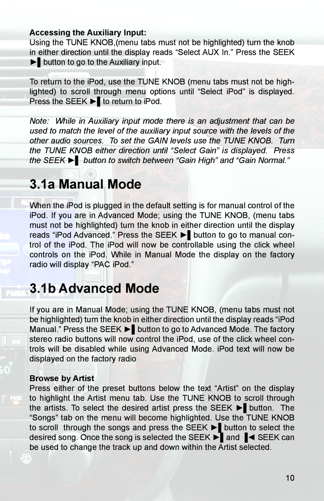 PAC GM3 instruction manual 1a Manual Mode, 1b Advanced Mode, Accessing the Auxiliary Input, Browse by Artist 