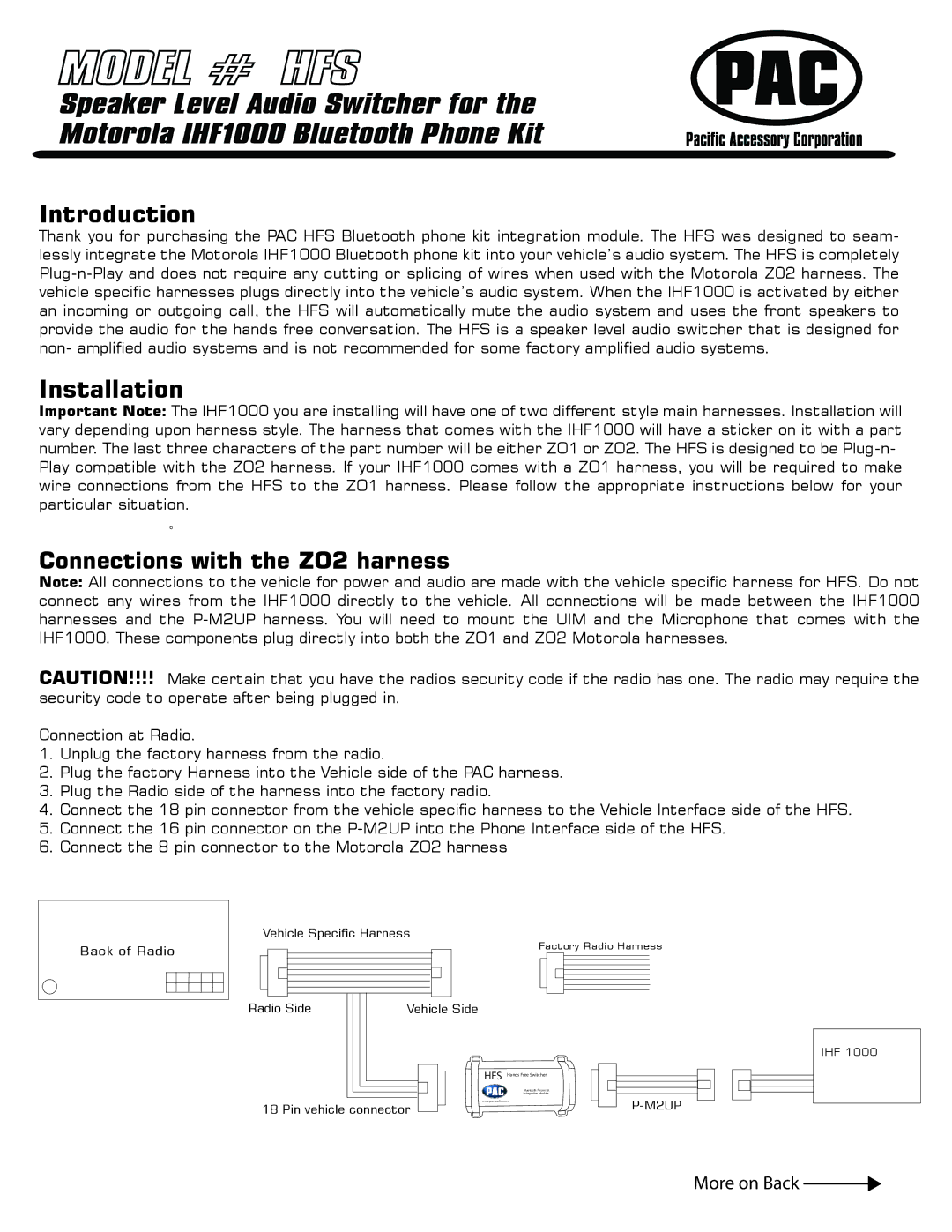 PAC manual Model # HFS, Connections with the ZO1 harness Introduction, Connections with the ZO2 harness 