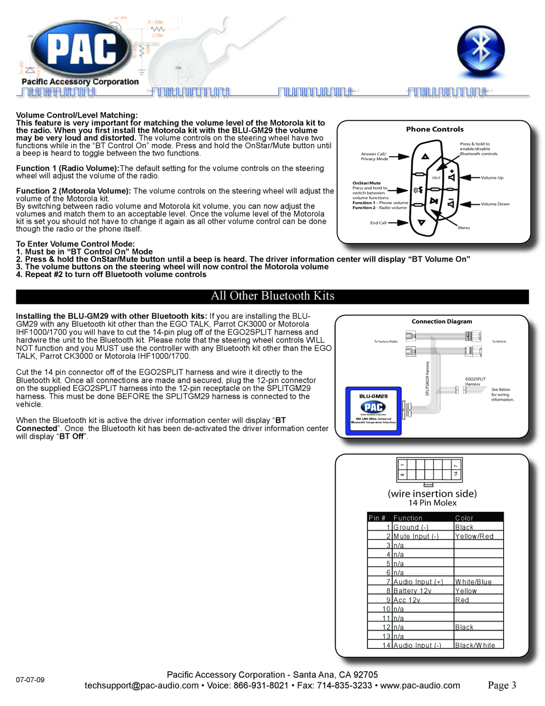 PAC J1850 manual All Other Bluetooth Kits, Wire insertion side 